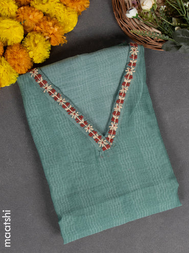 Chanderi dress material peacock blue with embroidery work & v neck pattern and bottom & french knot dupatta