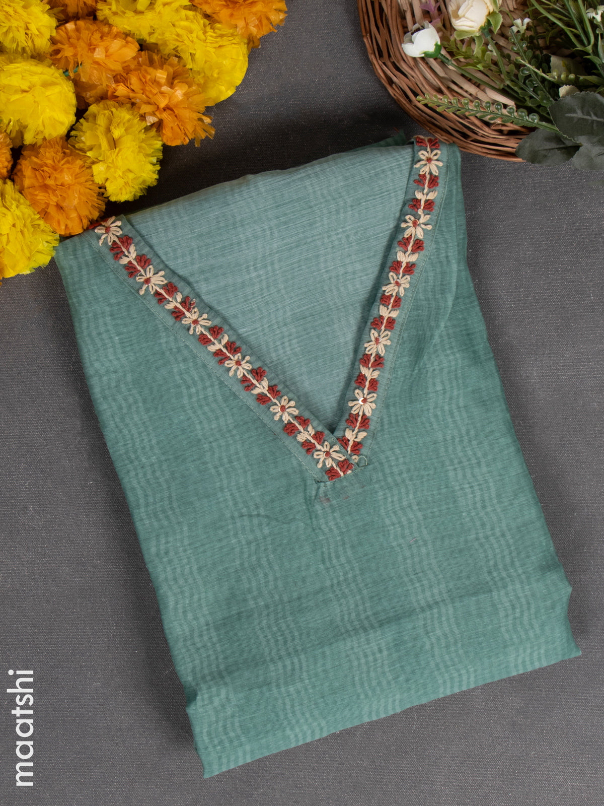 Chanderi dress material peacock blue with embroidery work & v neck pattern and bottom & french knot dupatta