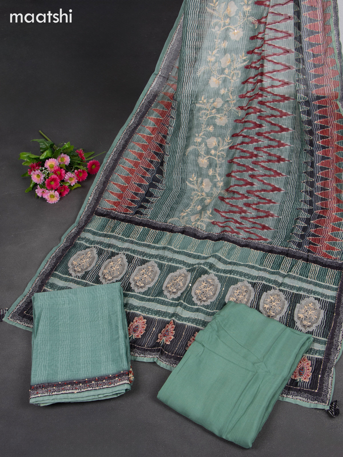 Chanderi dress material peacock blue with embroidery work & v neck pattern and bottom & french knot dupatta