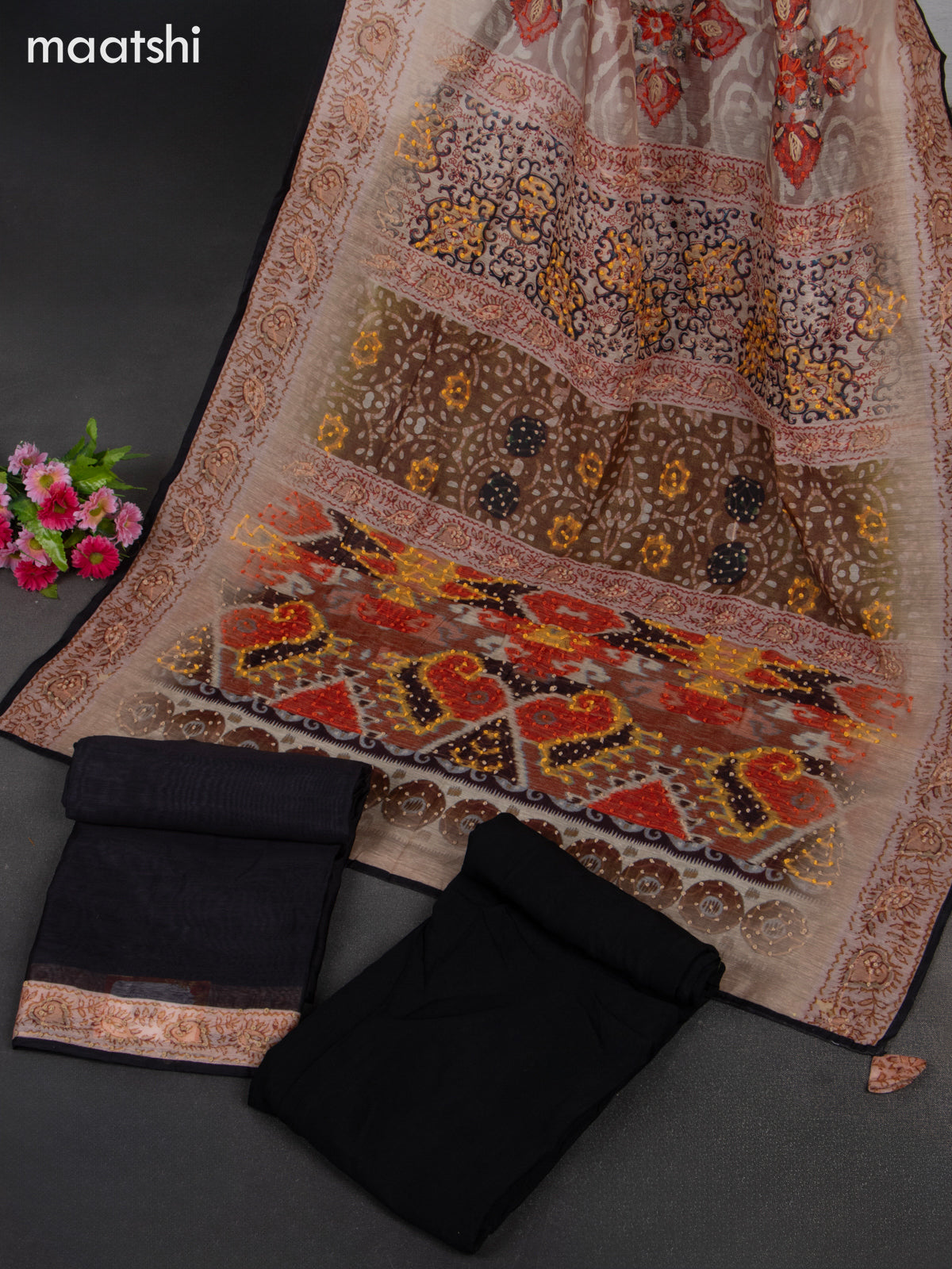 Chanderi dress material black and peach with french knot work & v neck pattern and bottom & french knot dupatta