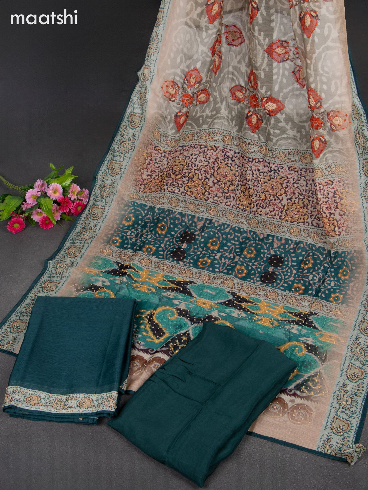 Chanderi dress material peacock green with french knot work & v neck pattern and bottom & french knot dupatta