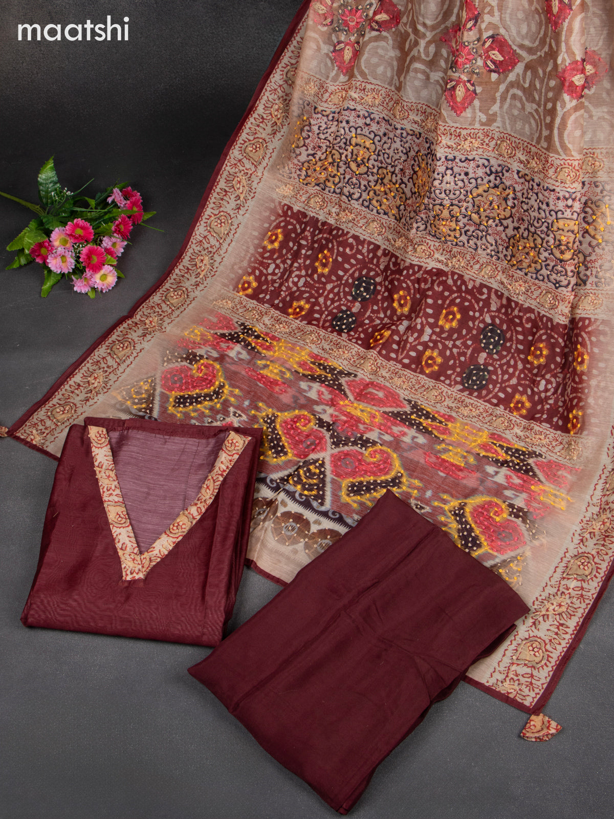 Chanderi dress material brown with french knot work & v neck pattern and bottom & french knot dupatta