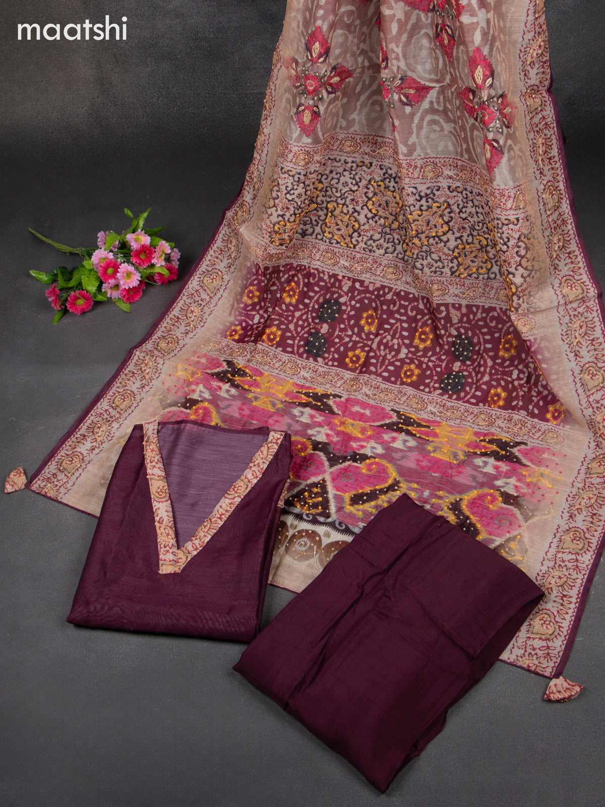 Chanderi dress material wine with french knot work & v neck pattern and bottom & french knot dupatta