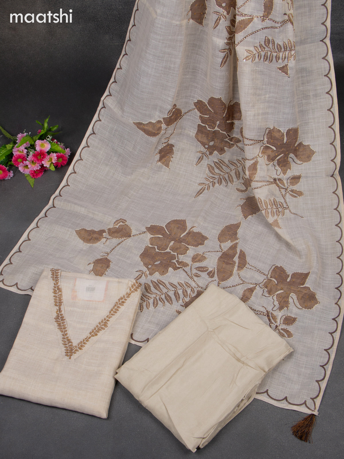 Chanderi dress material beige and brown with embroidery work & v neck pattern and bottom & french knot dupatta