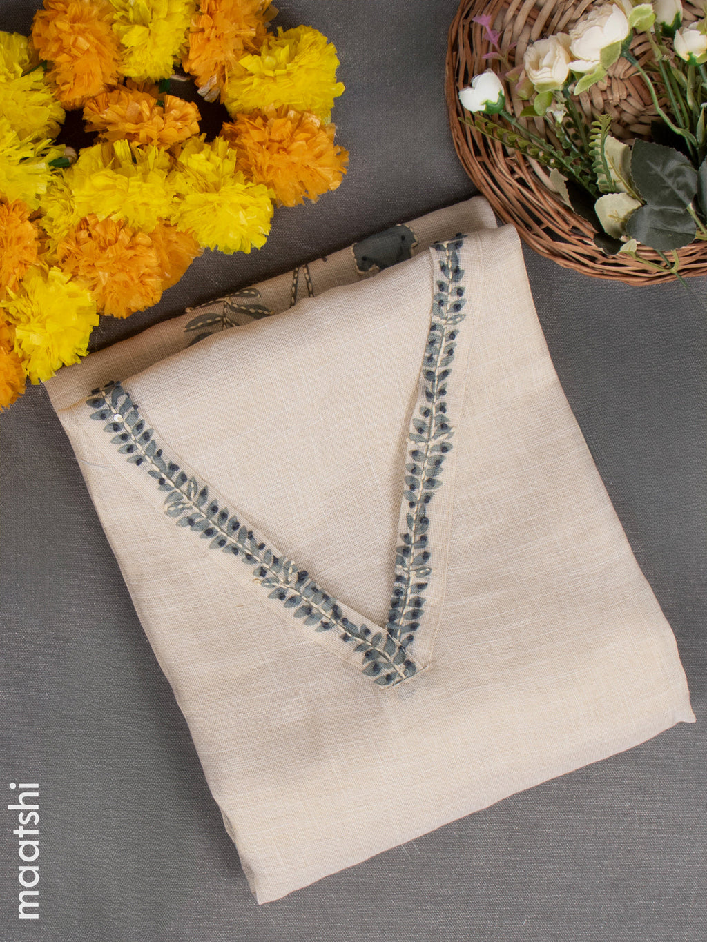 Chanderi dress material beige and greyish blue with embroidery work & v neck pattern and bottom & french knot dupatta