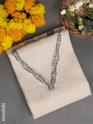 Chanderi dress material beige and greyish blue with embroidery work & v neck pattern and bottom & french knot dupatta