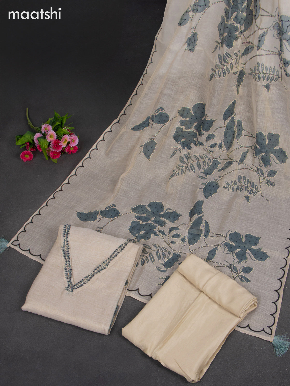 Chanderi dress material beige and greyish blue with embroidery work & v neck pattern and bottom & french knot dupatta