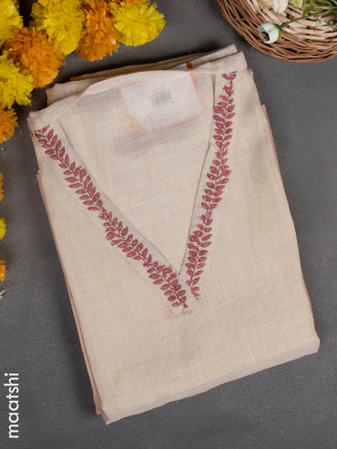 Chanderi dress material beige and mauve pink with embroidery work & v neck pattern and bottom & french knot dupatta