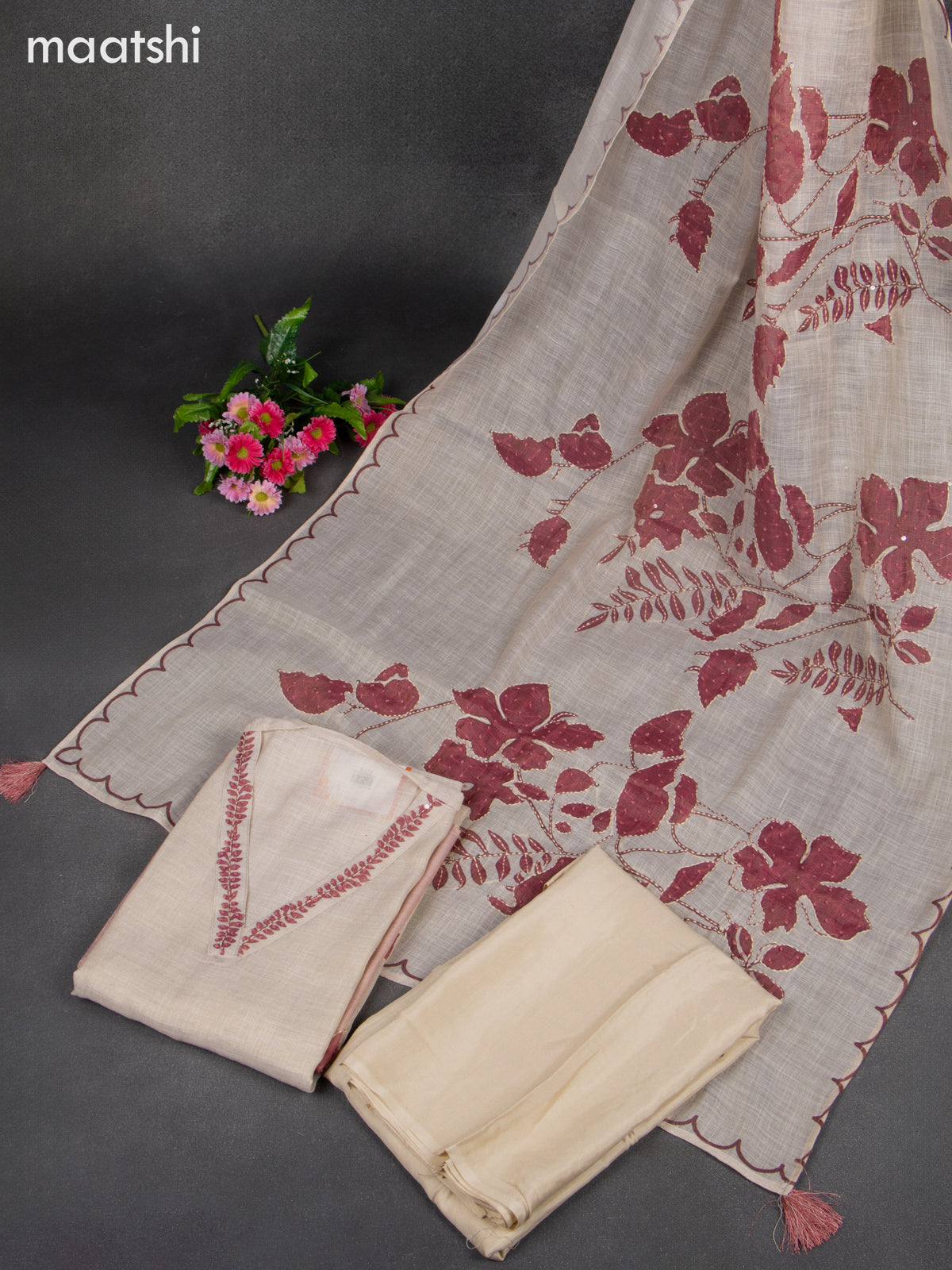 Chanderi dress material beige and mauve pink with embroidery work & v neck pattern and bottom & french knot dupatta
