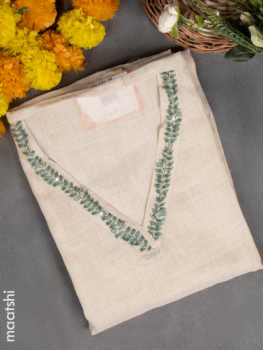 Chanderi dress material beige and green shade with embroidery work & v neck pattern and bottom & french knot dupatta