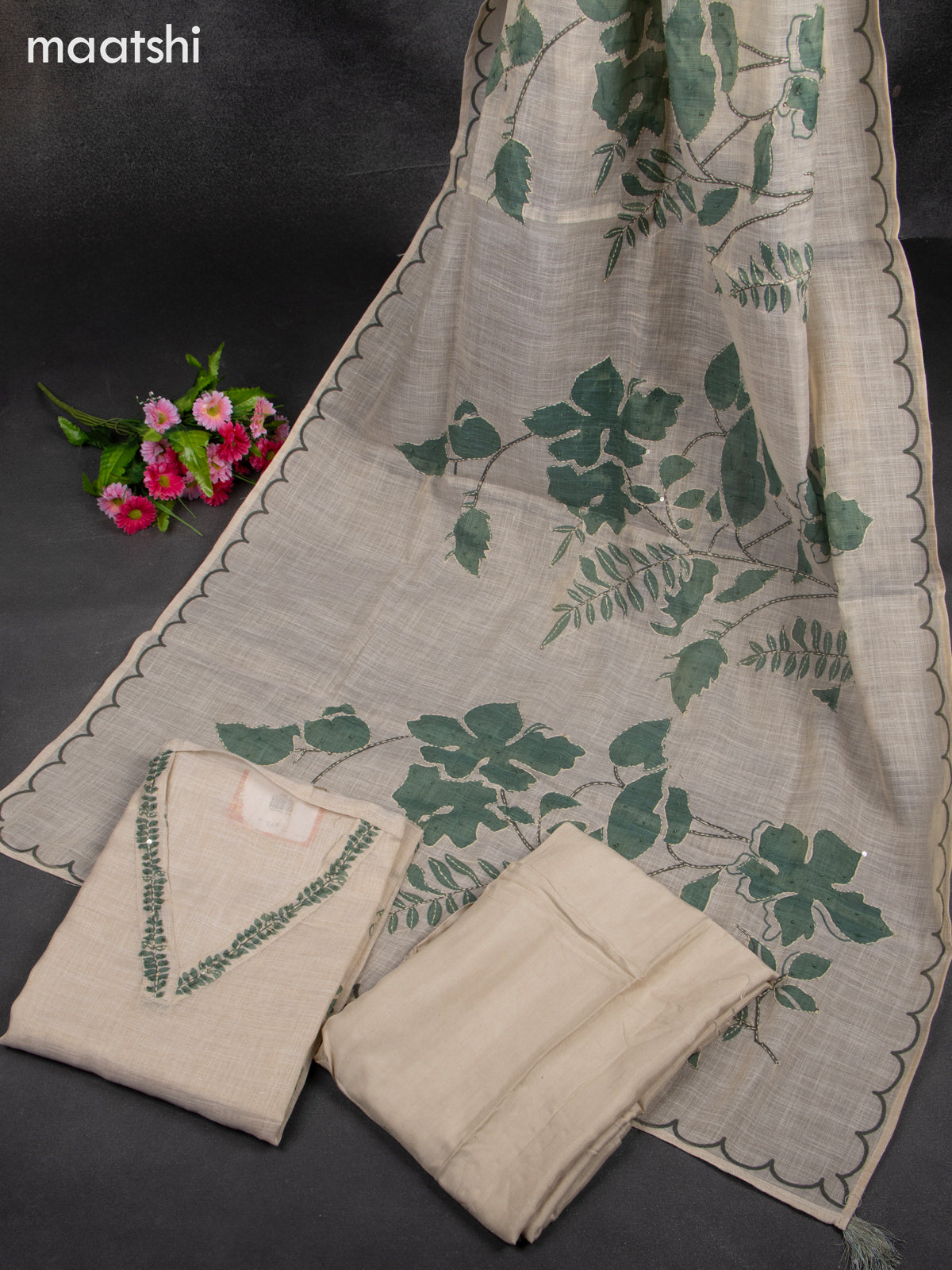 Chanderi dress material beige and green shade with embroidery work & v neck pattern and bottom & french knot dupatta