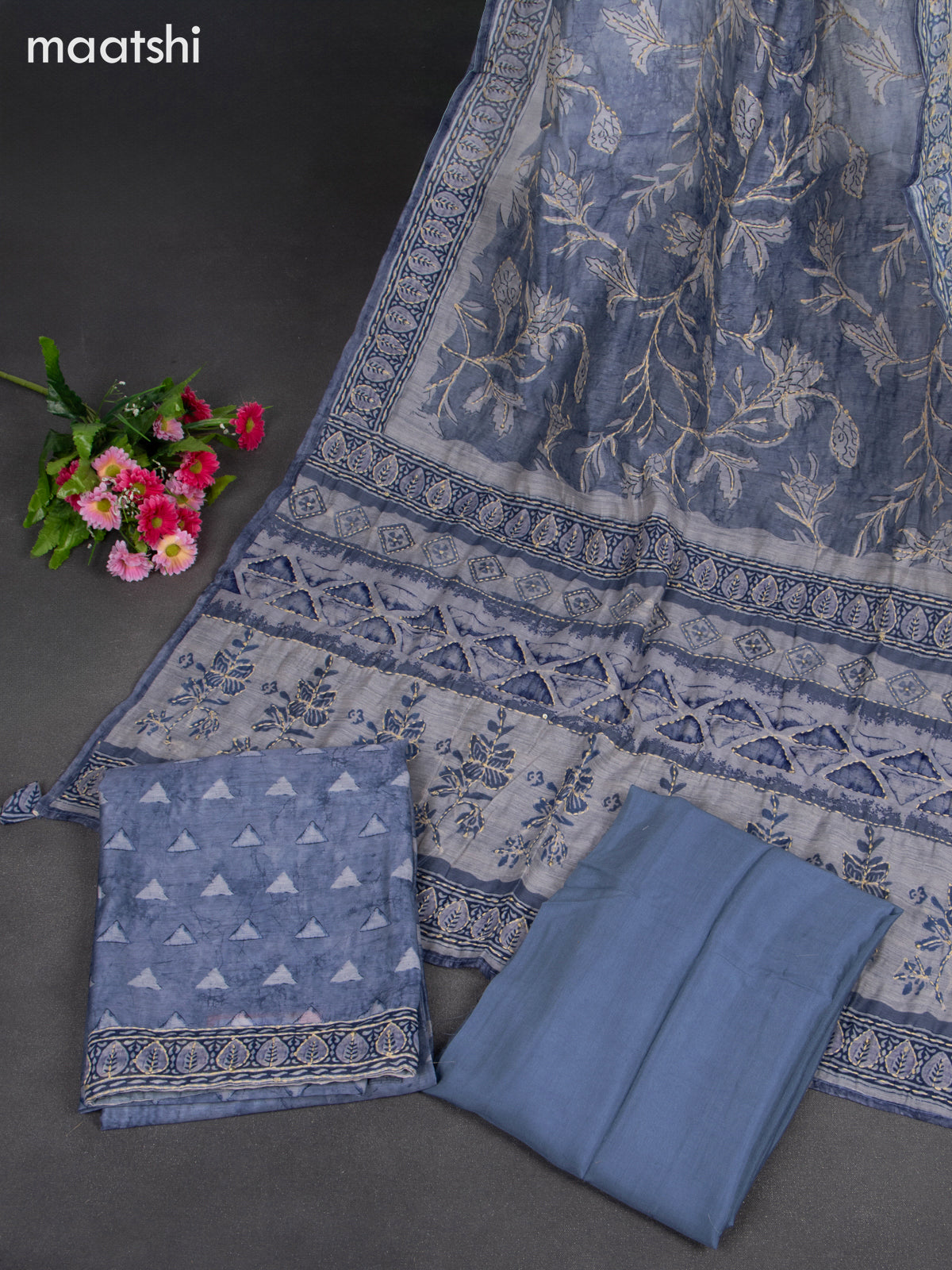 Chanderi dress material blue shade with allover prints & kantha stitch work and bottom & kantha stitch dupatta