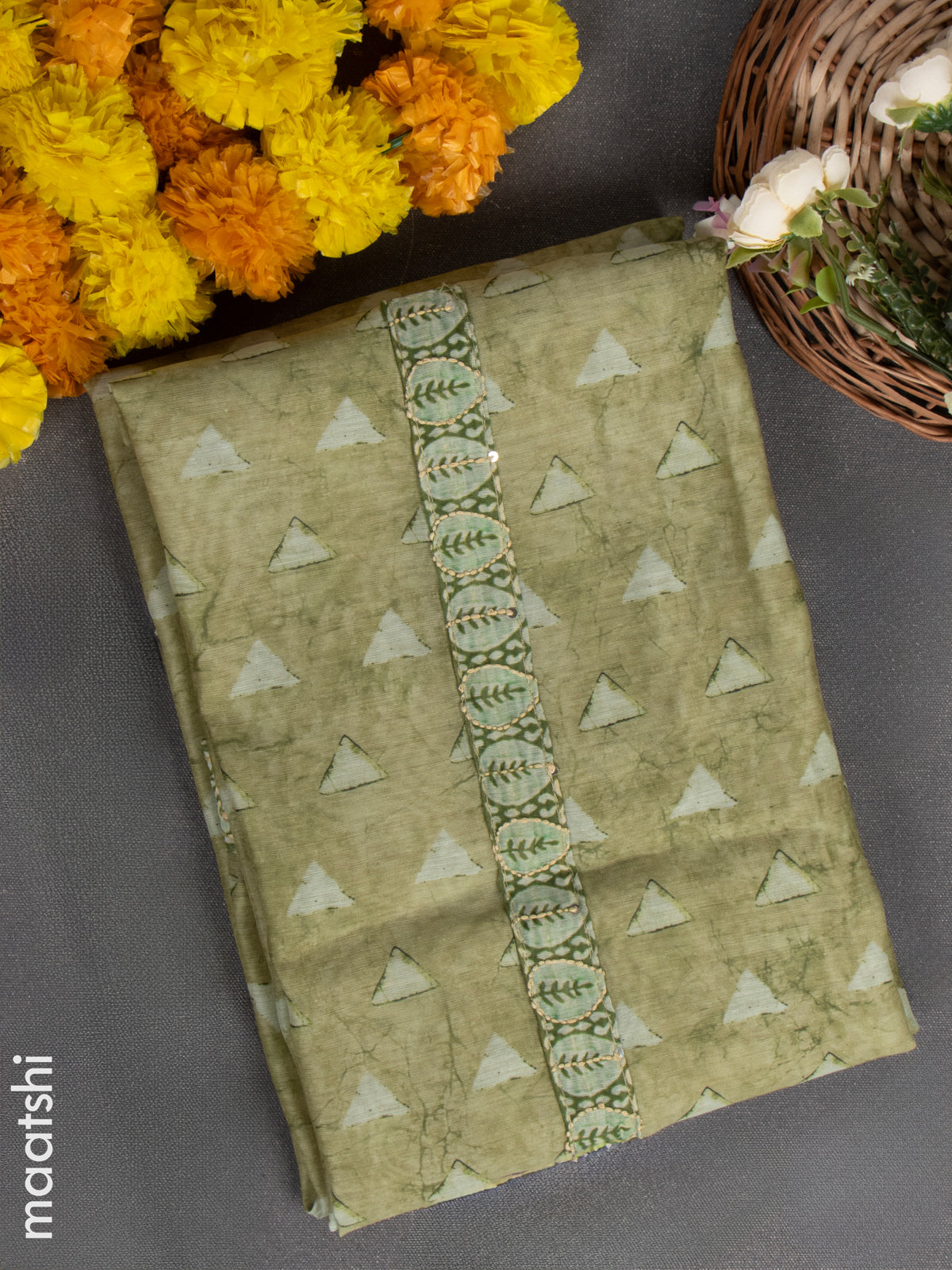 Chanderi dress material green shade with allover prints & kantha stitch work and bottom & kantha stitch dupatta