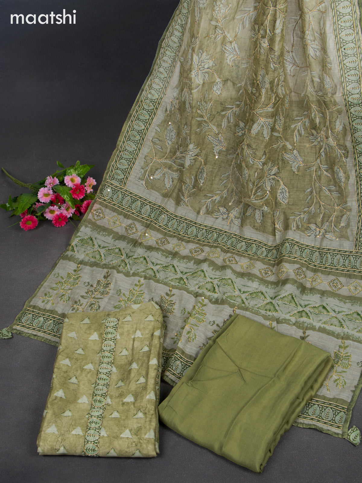 Chanderi dress material green shade with allover prints & kantha stitch work and bottom & kantha stitch dupatta