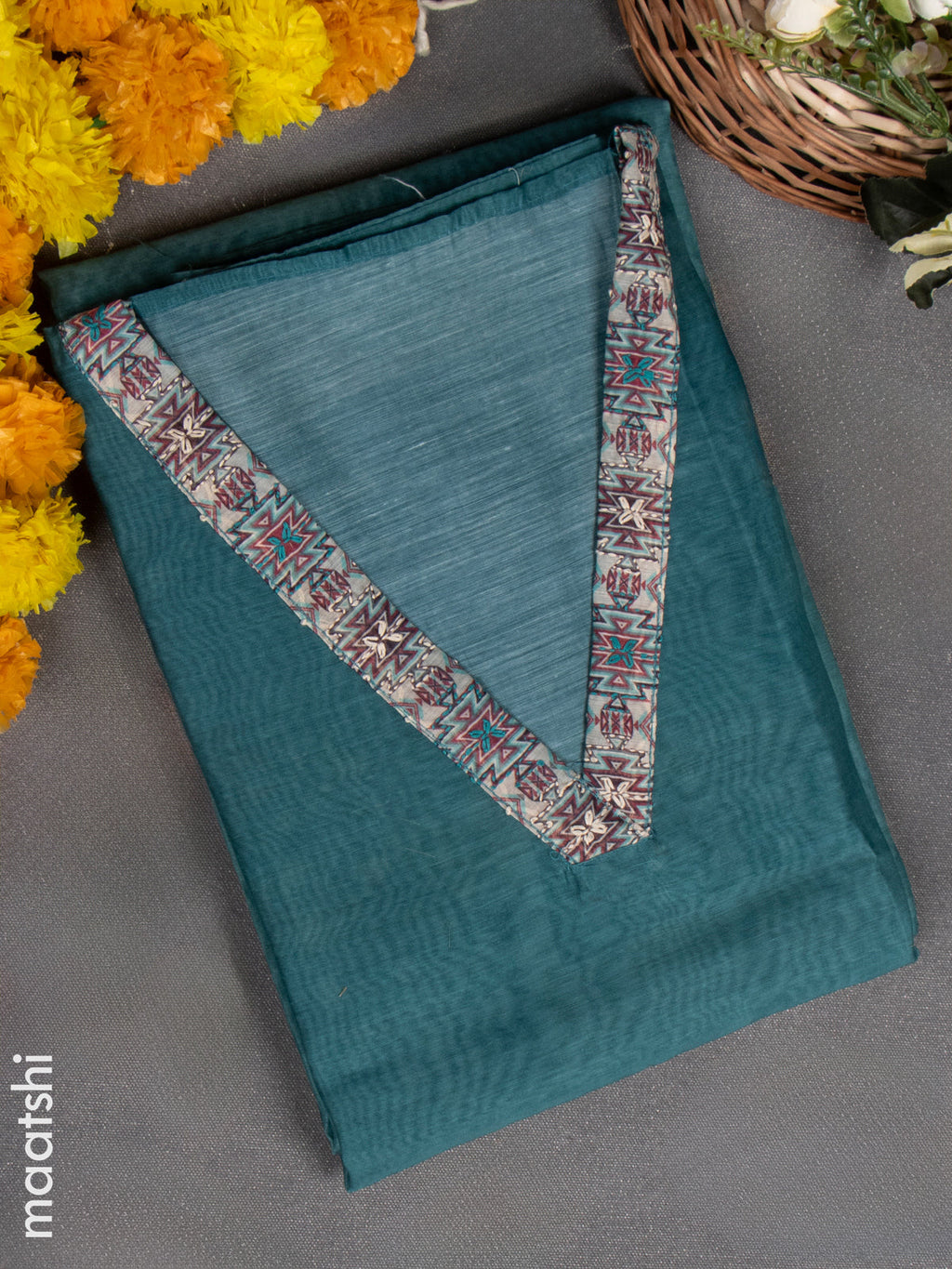 Chanderi dress material teal green with kantha stitch work & v neck pattern and bottom & kantha stitch dupatta