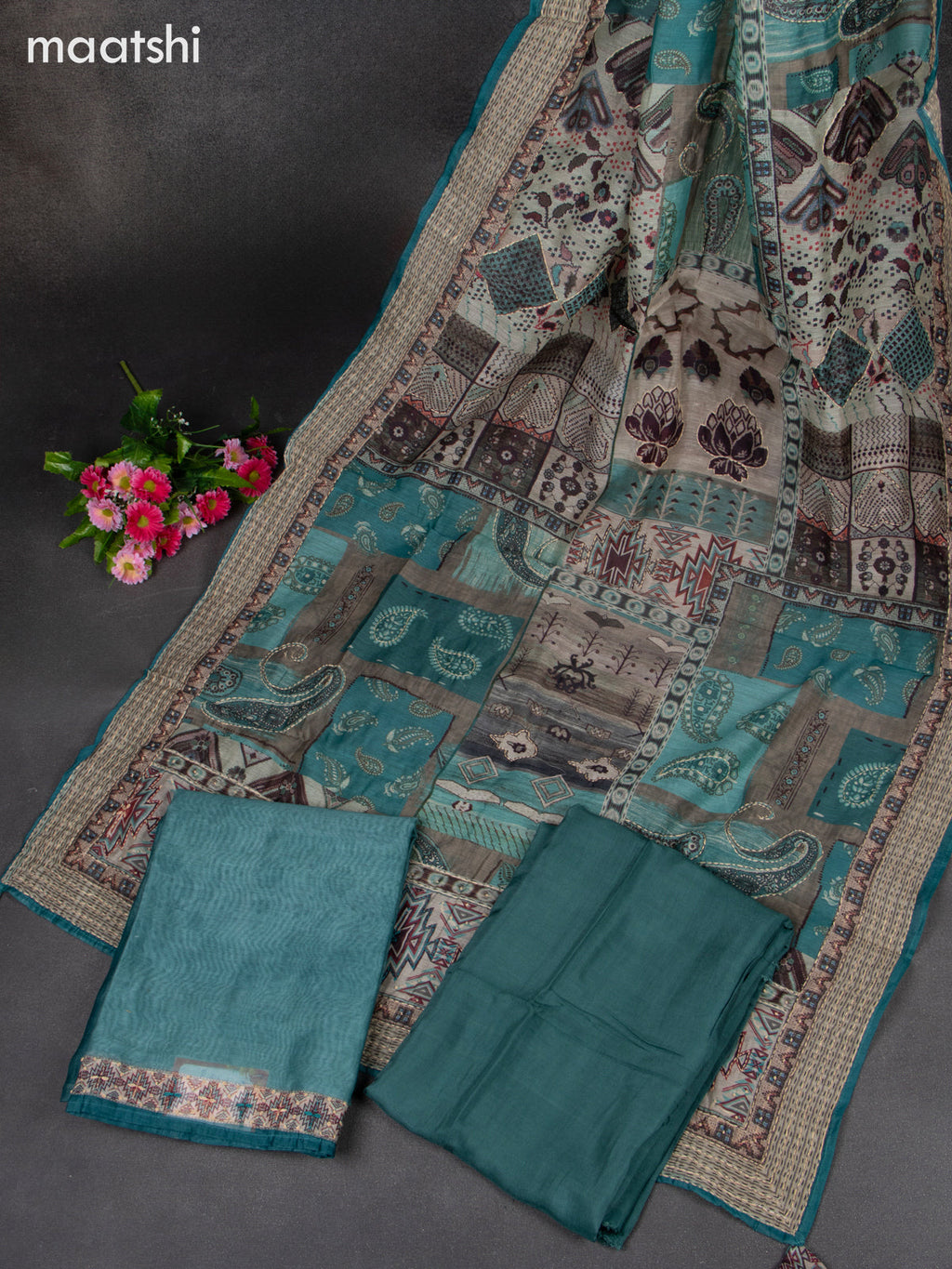 Chanderi dress material teal green with kantha stitch work & v neck pattern and bottom & kantha stitch dupatta