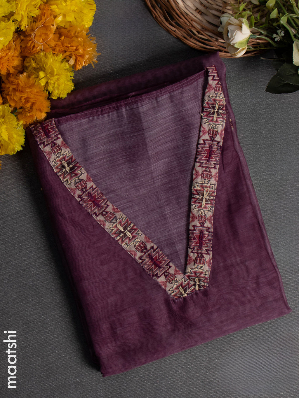 Chanderi dress material purple shade with kantha stitch work & v neck pattern and bottom & kantha stitch dupatta