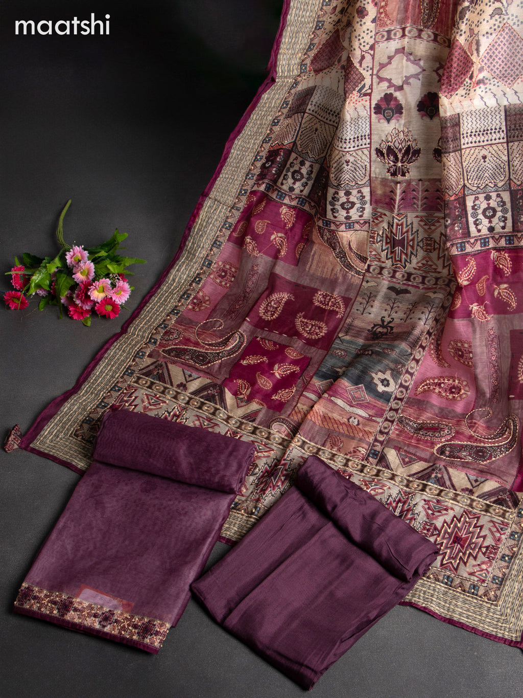 Chanderi dress material purple shade with kantha stitch work & v neck pattern and bottom & kantha stitch dupatta