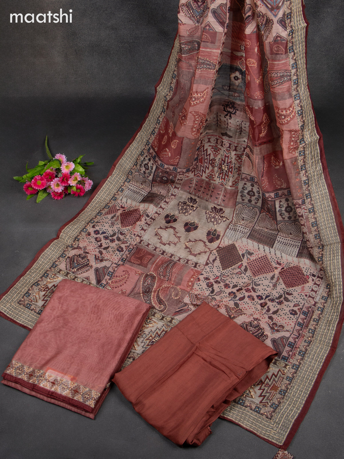Chanderi dress material brown shade with kantha stitch work & v neck pattern and bottom & kantha stitch dupatta