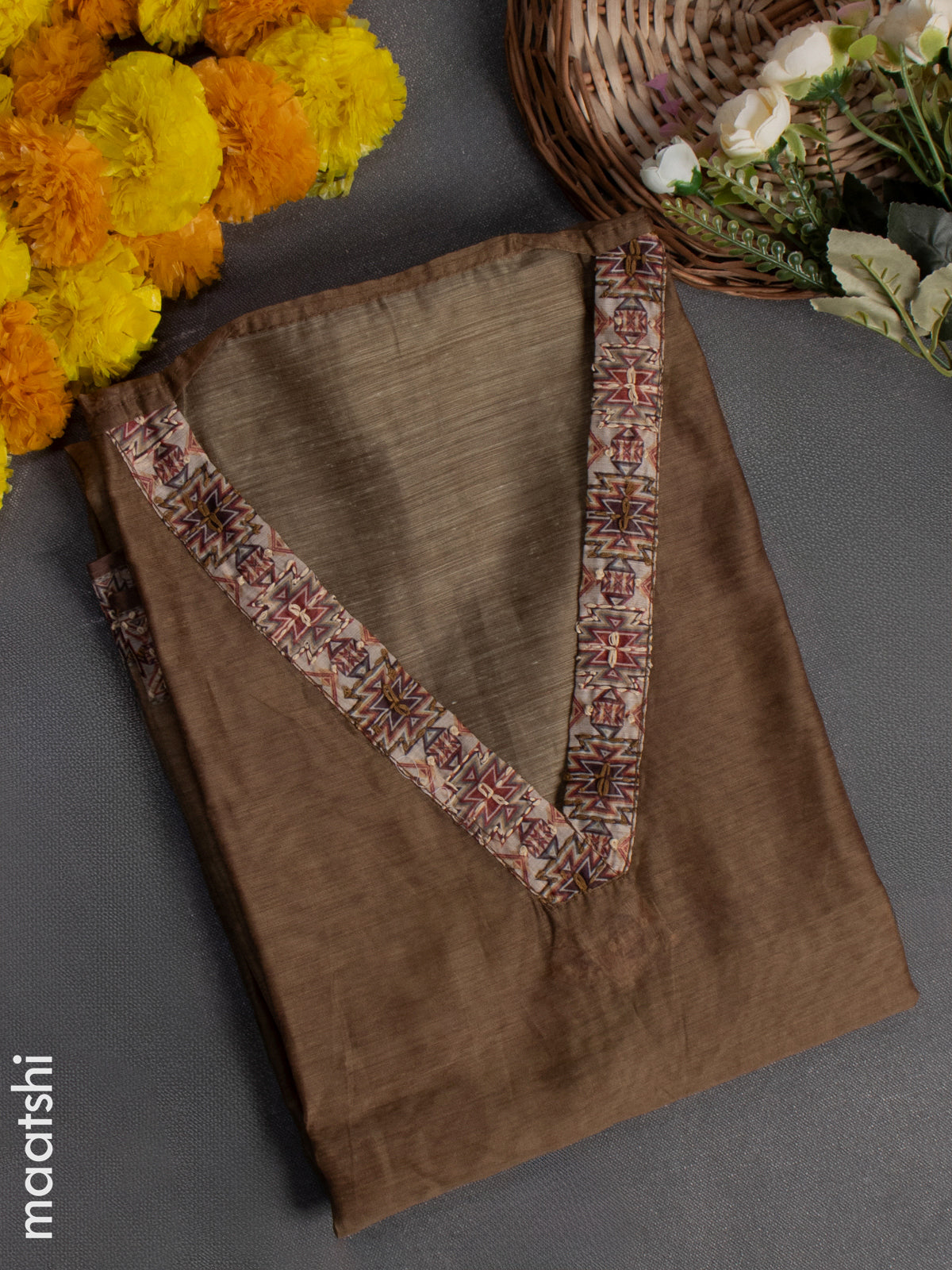 Chanderi dress material mehandi green with kantha stitch work & v neck pattern and bottom & kantha stitch dupatta