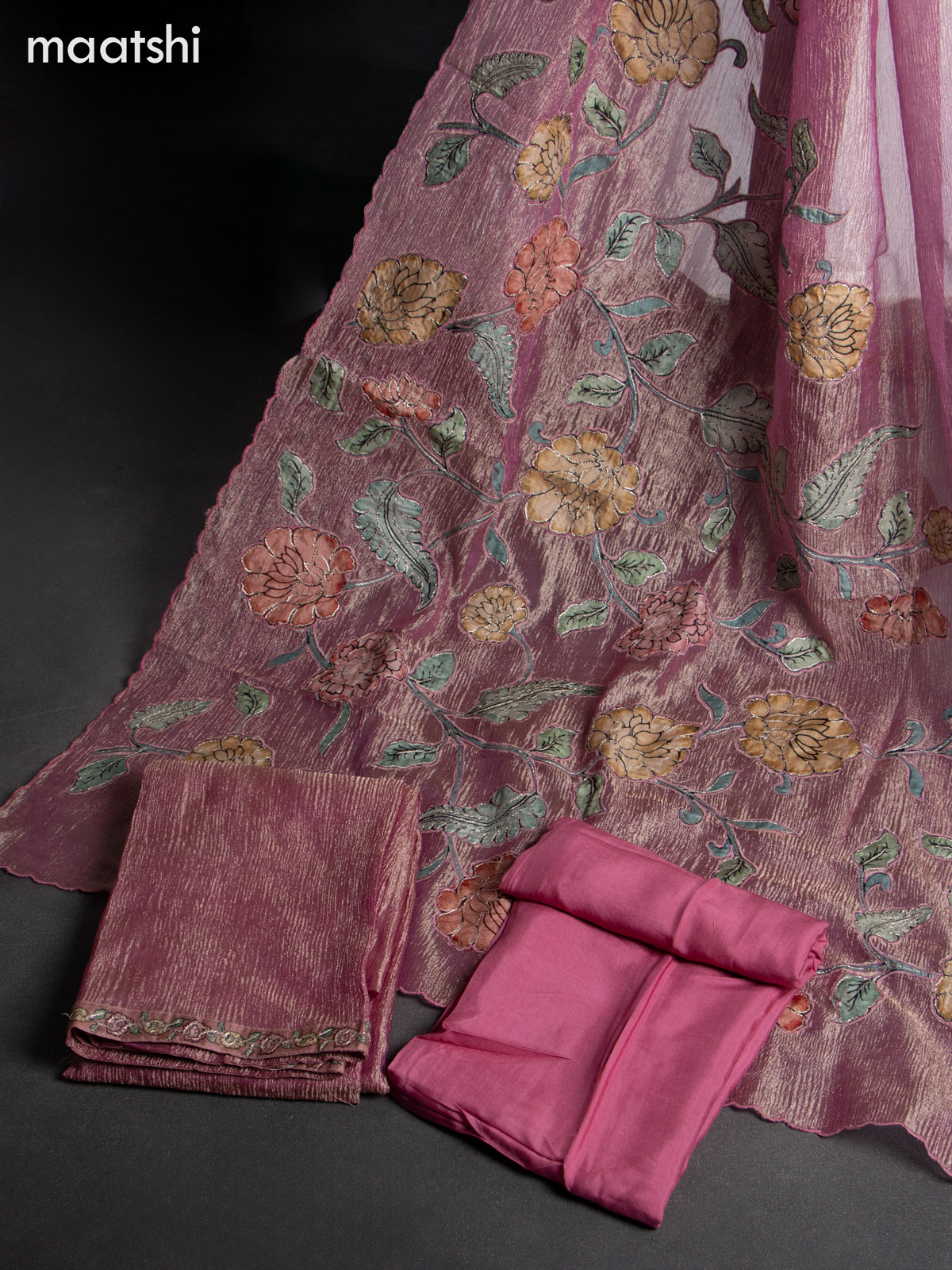 Crush tissue dress material pastel pink with embroidery work neck pattern and bottom & dupatta