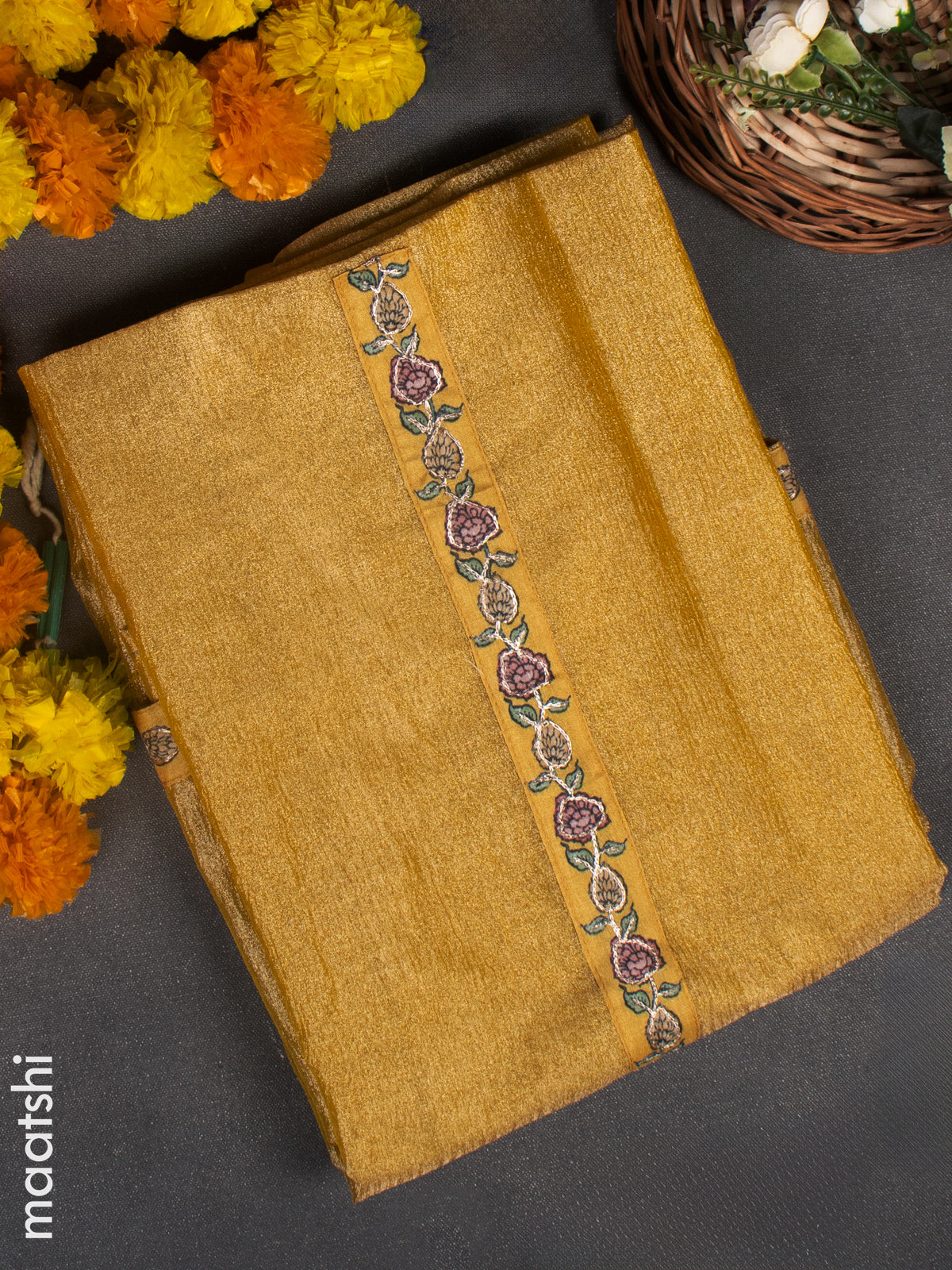 Crush tissue dress material yellow with embroidery work neck pattern and bottom & dupatta