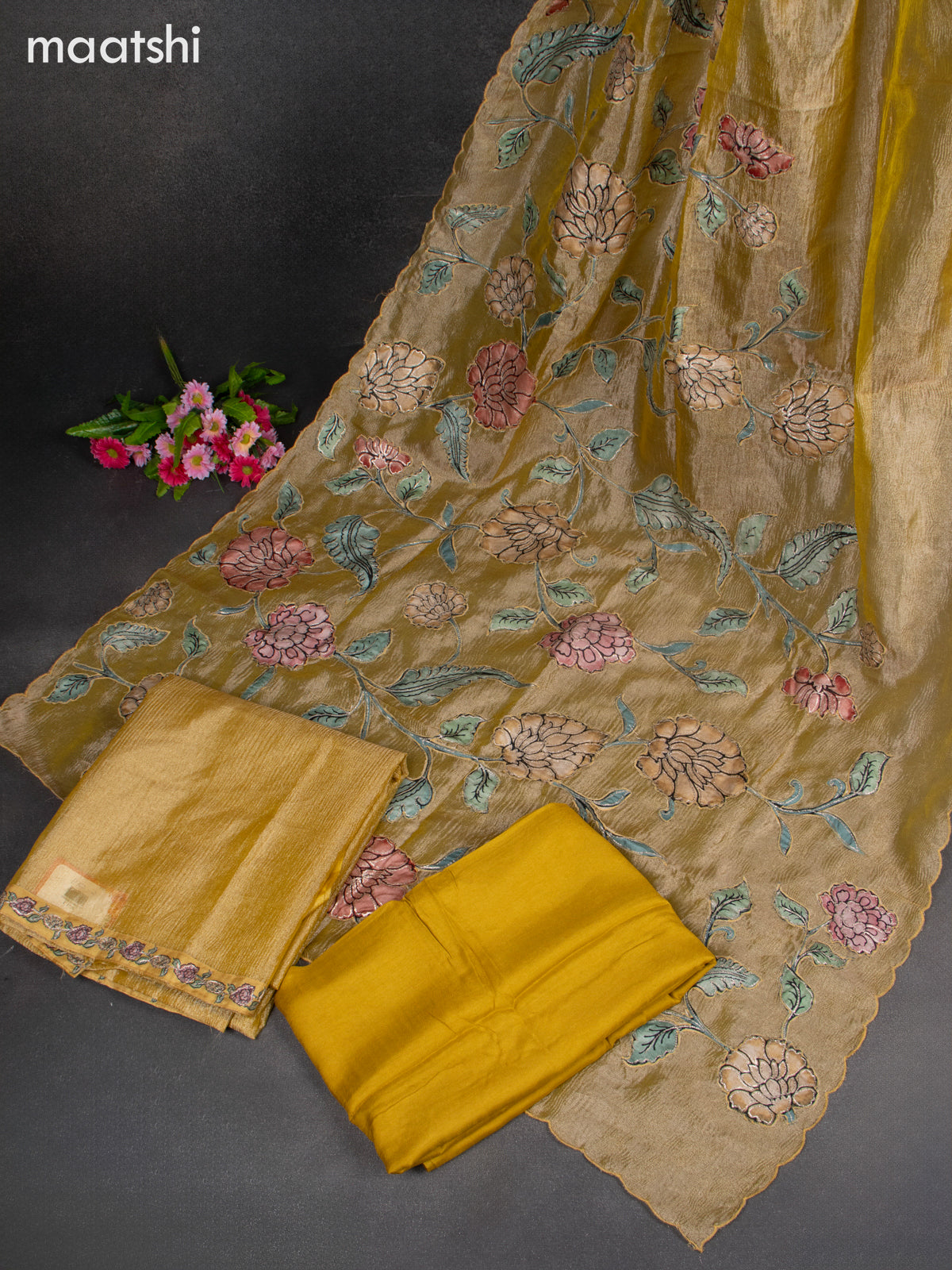 Crush tissue dress material yellow with embroidery work neck pattern and bottom & dupatta