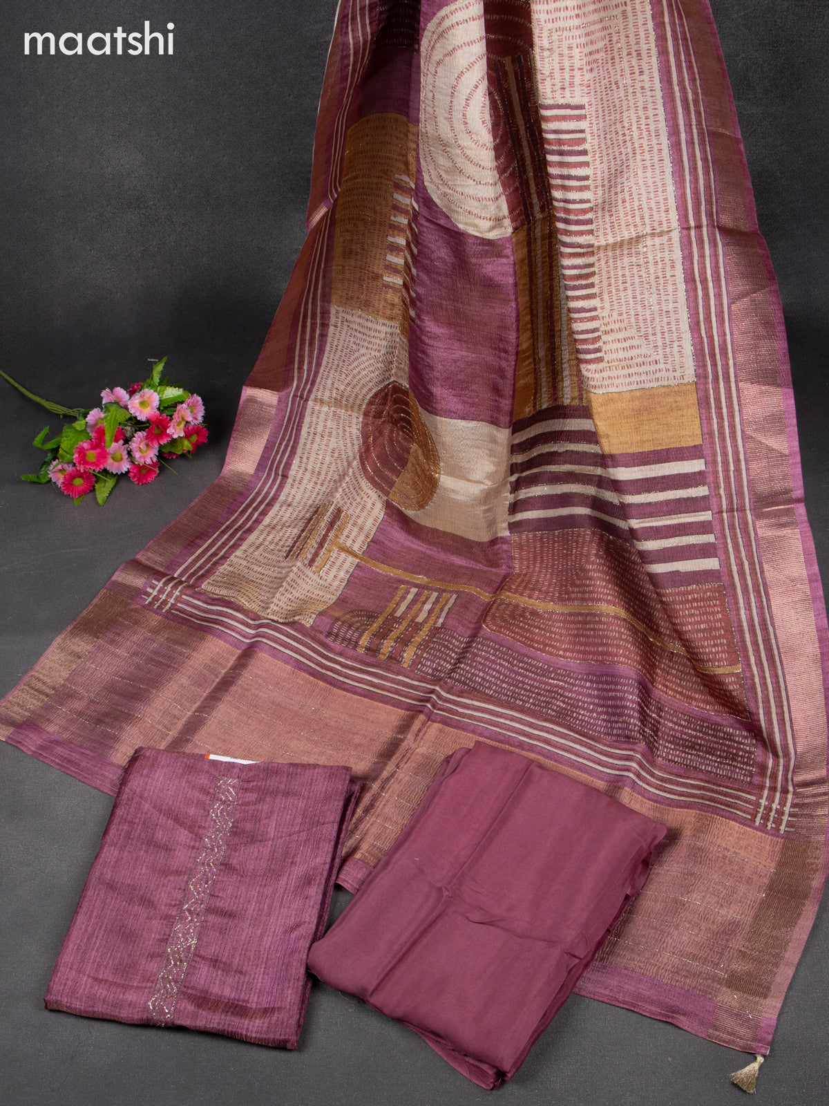 Crush tissue dress material purple with simple zari neck pattern and bottom & dupatta
