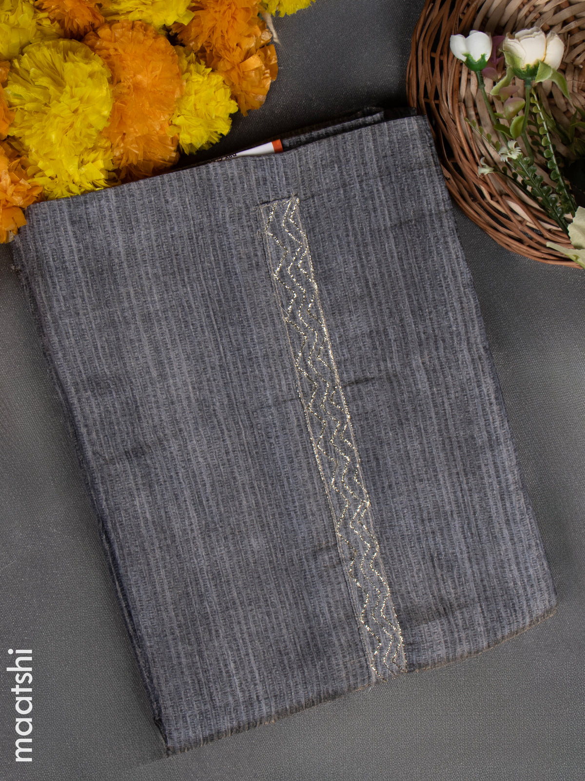 Crush tissue dress material greyish blue with simple zari neck pattern and bottom & dupatta