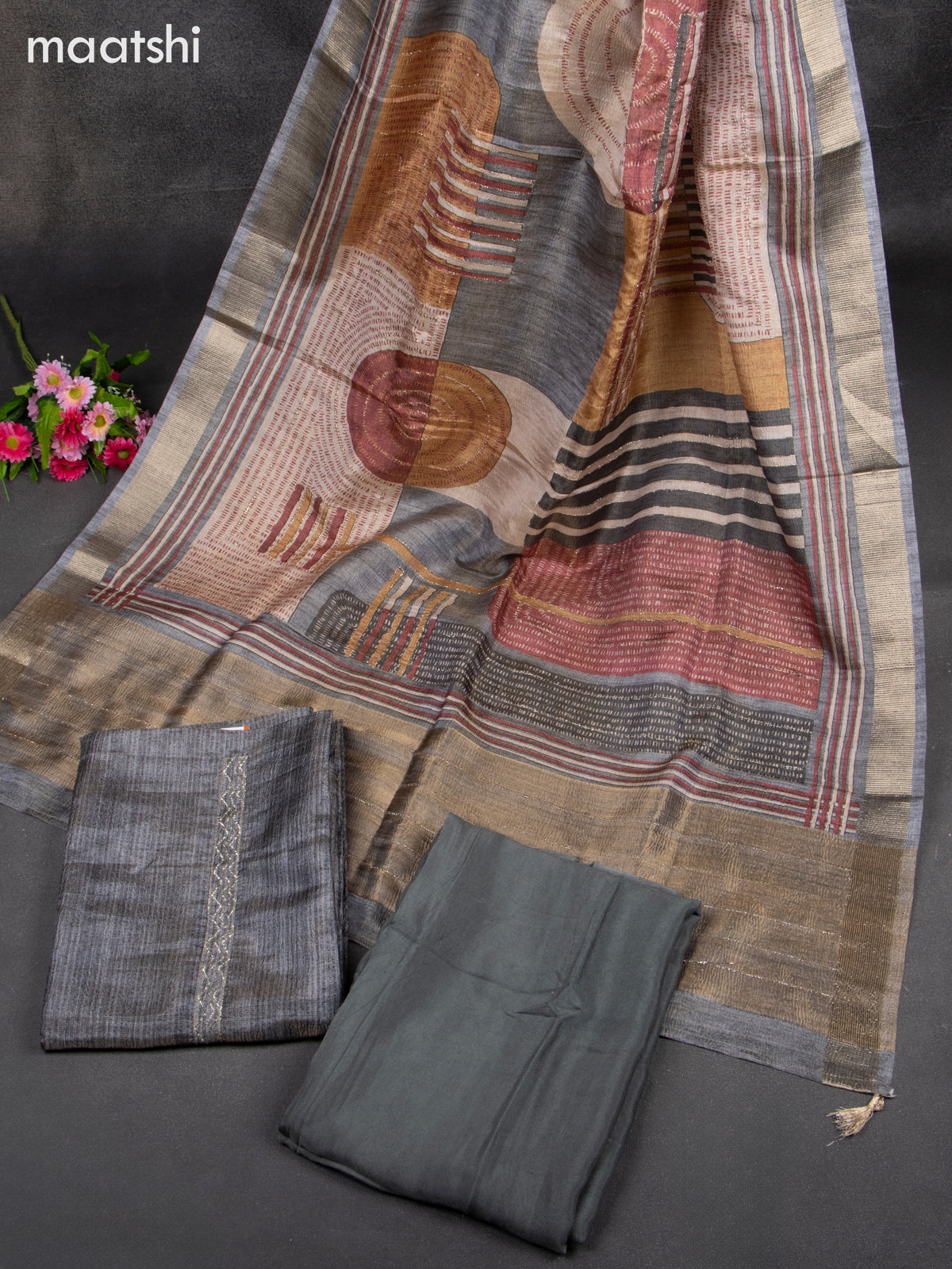 Crush tissue dress material greyish blue with simple zari neck pattern and bottom & dupatta