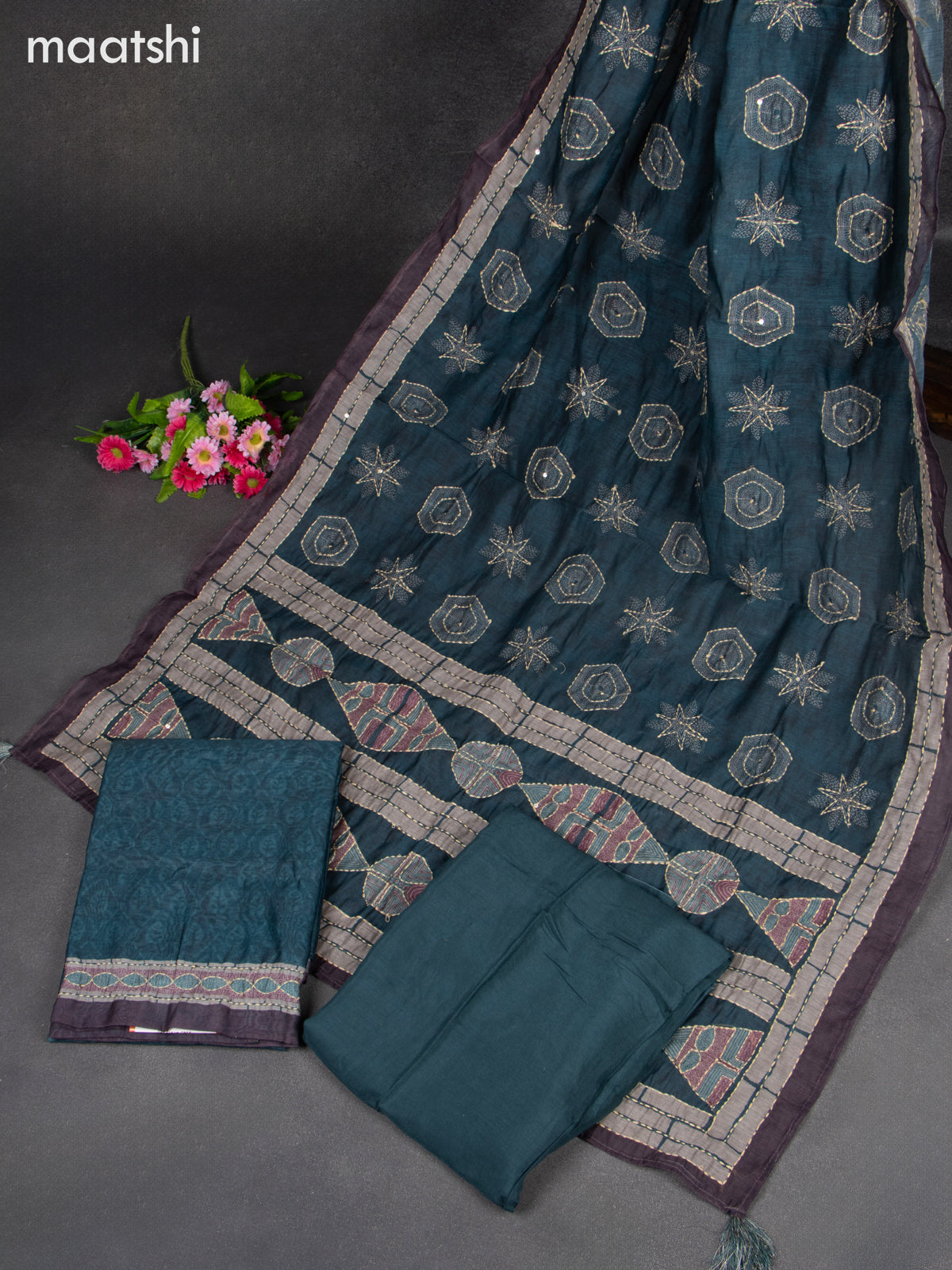 Chanderi dress material peacock green with kantha stitch work & simple neck pattern and bottom & kantha stitch dupatta