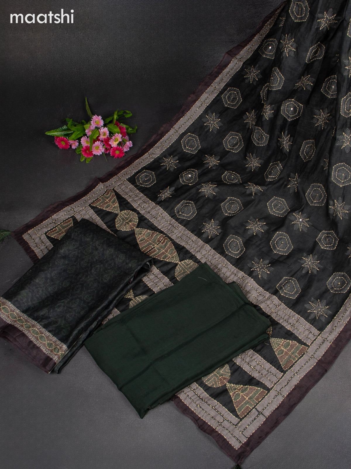 Chanderi dress material sap green with kantha stitch work & simple neck pattern and bottom & kantha stitch dupatta