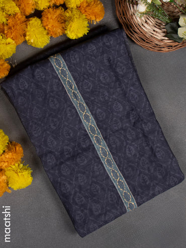 Chanderi dress material dark grey with kantha stitch work & simple neck pattern and bottom & kantha stitch dupatta