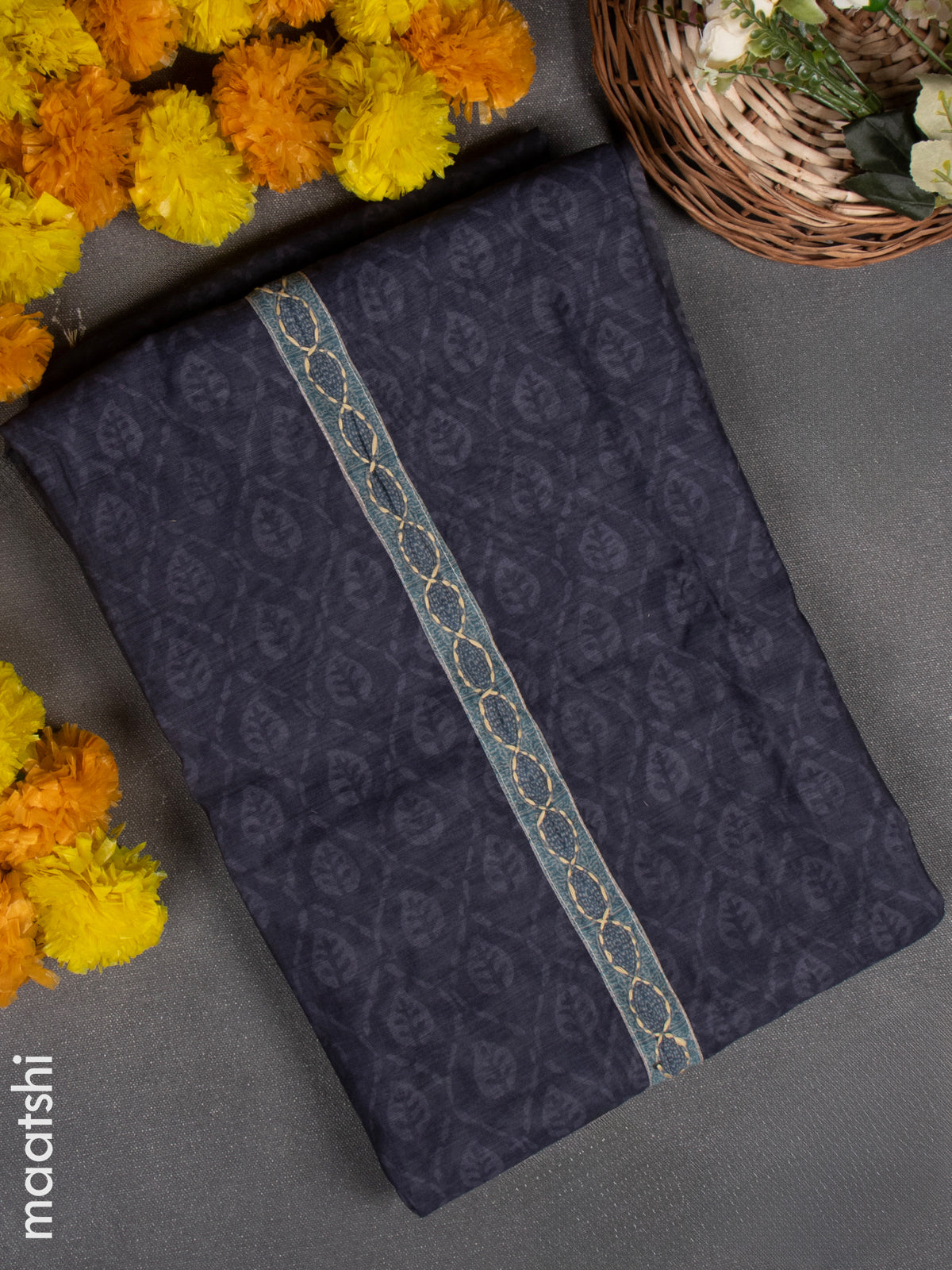 Chanderi dress material dark grey with kantha stitch work & simple neck pattern and bottom & kantha stitch dupatta