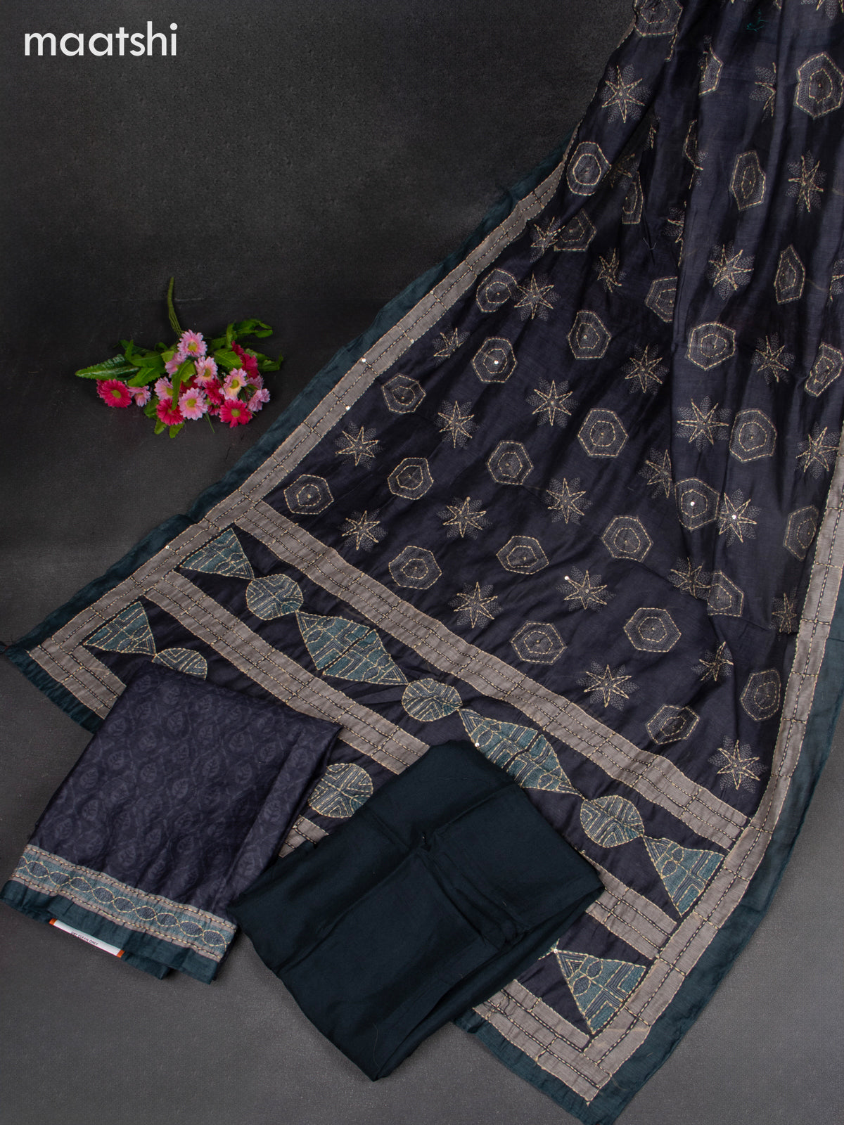 Chanderi dress material dark grey with kantha stitch work & simple neck pattern and bottom & kantha stitch dupatta