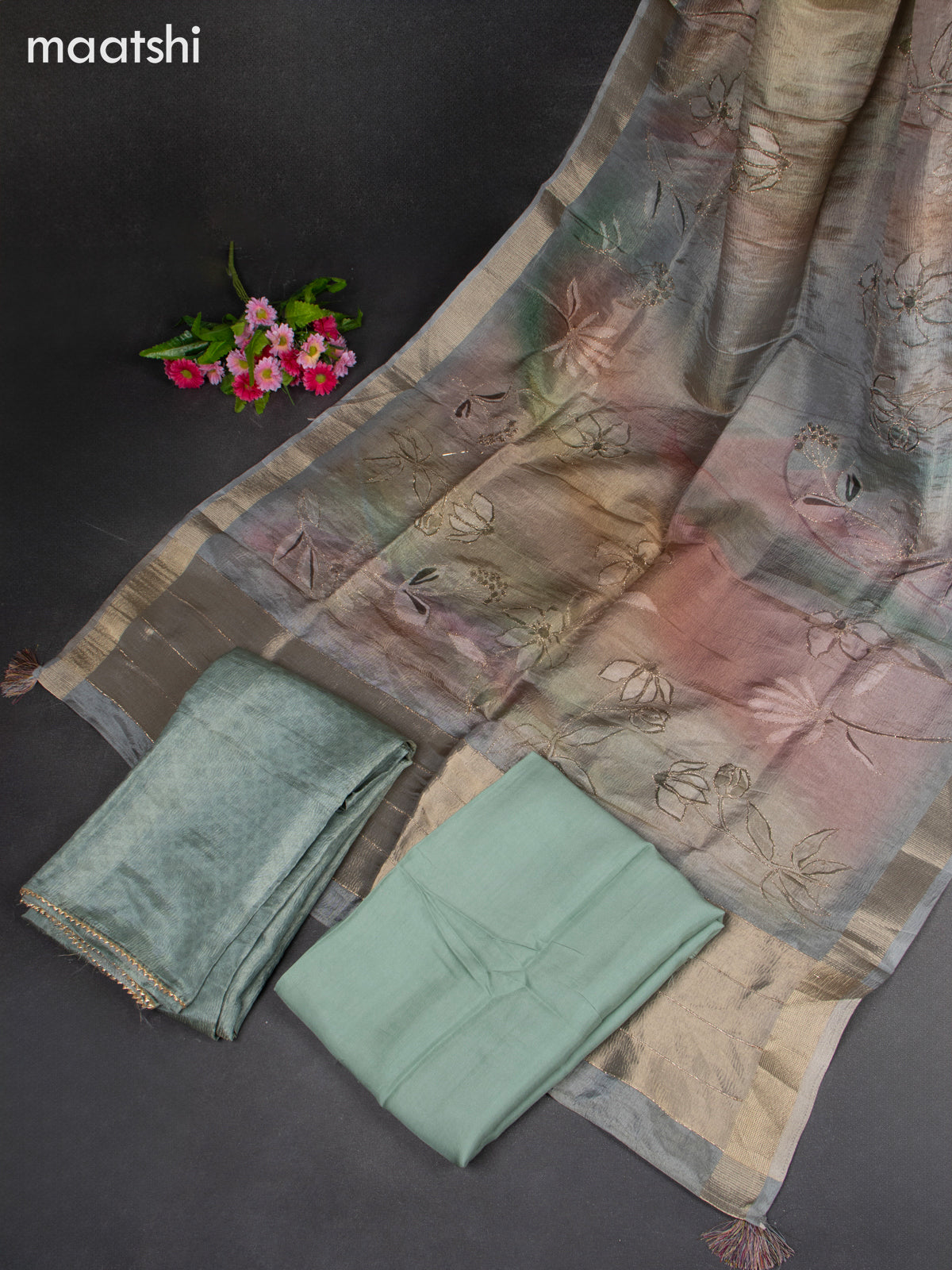 Crush tissue dress material green shade with zari lace & simple neck pattern and bottom & dupatta