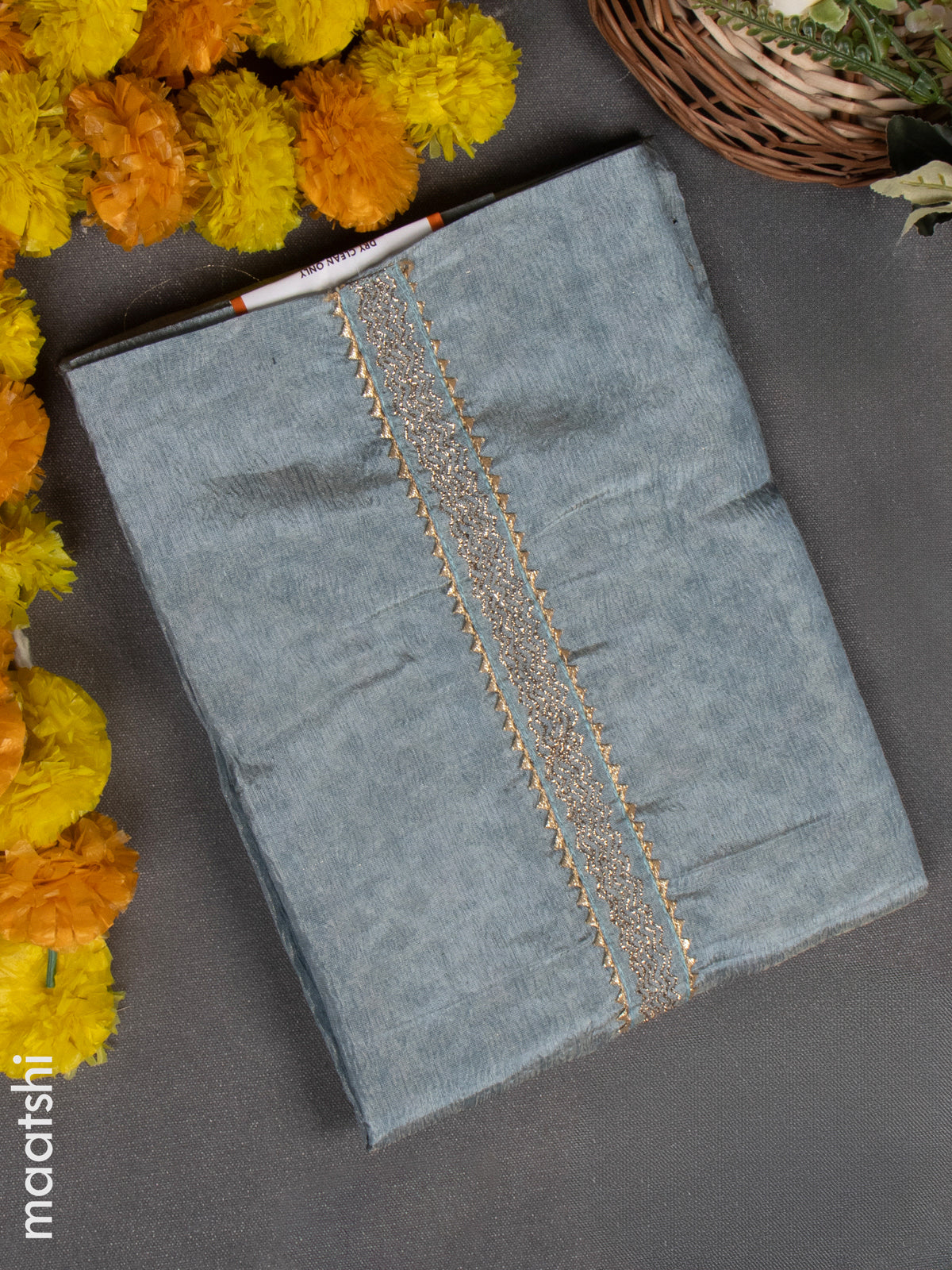 Crush tissue dress material blue shade with zari lace & simple neck pattern and bottom & dupatta