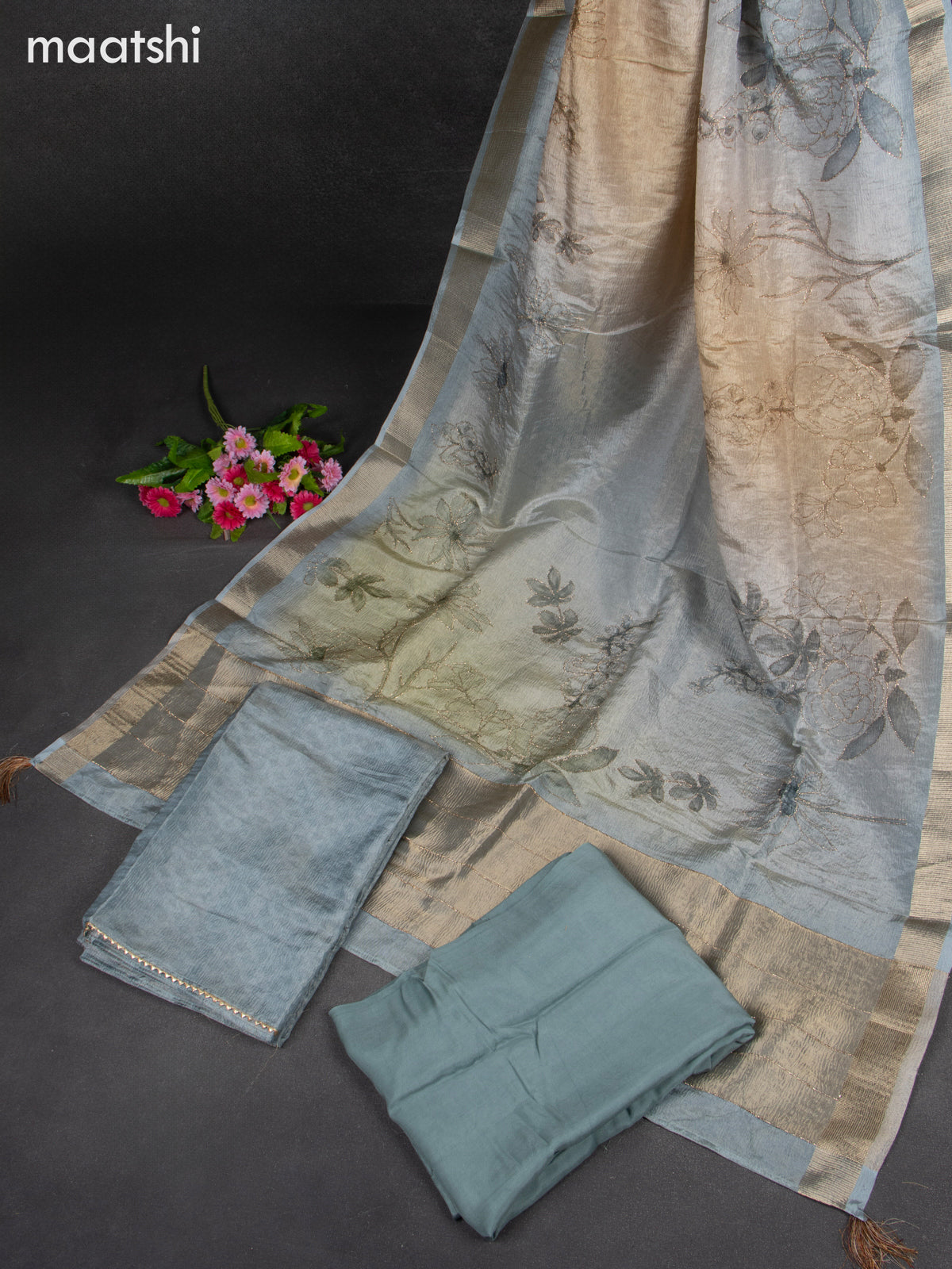 Crush tissue dress material blue shade with zari lace & simple neck pattern and bottom & dupatta
