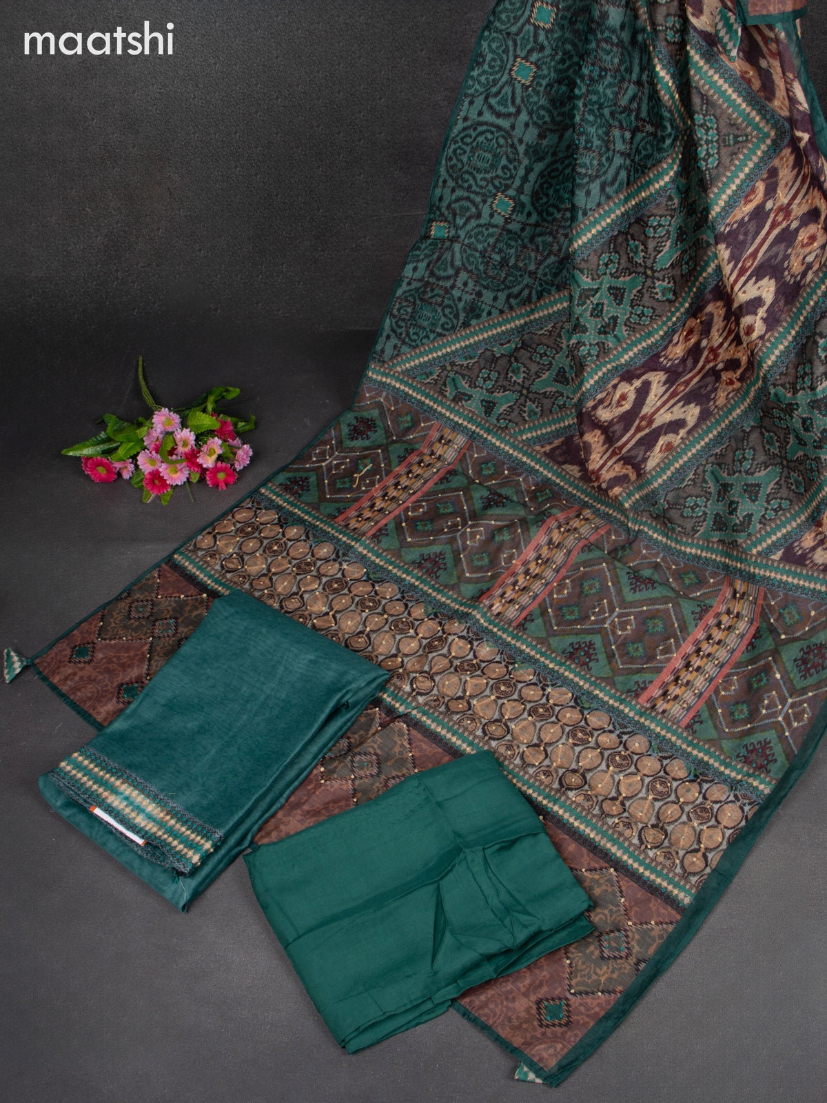 Chanderi dress material green shade with french knot work & simple neck pattern and bottom & french knot dupatta