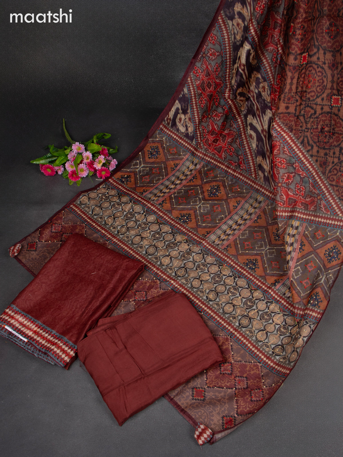 Chanderi dress material maroon with french knot work & simple neck pattern and bottom & french knot dupatta