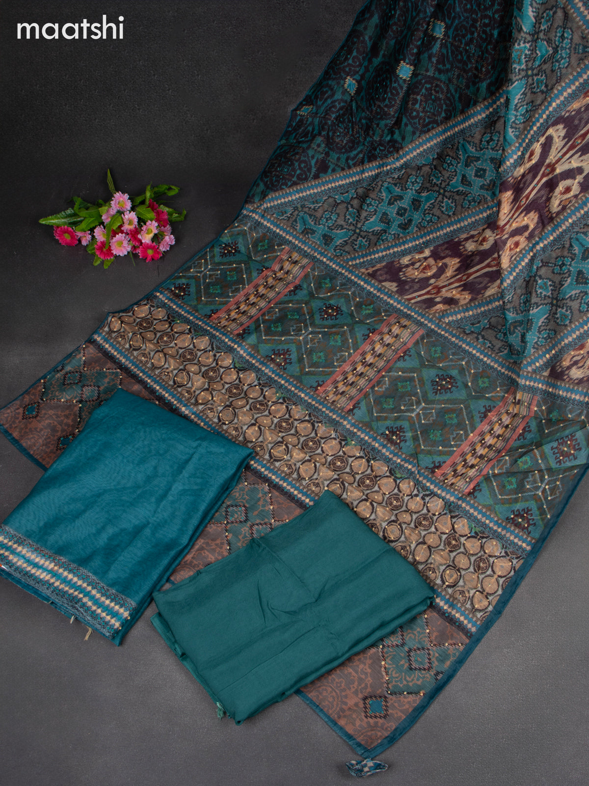 Chanderi dress material teal green with french knot work & simple neck pattern and bottom & french knot dupatta