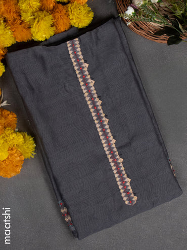 Chanderi dress material grey with french knot work & simple neck pattern and bottom & french knot dupatta