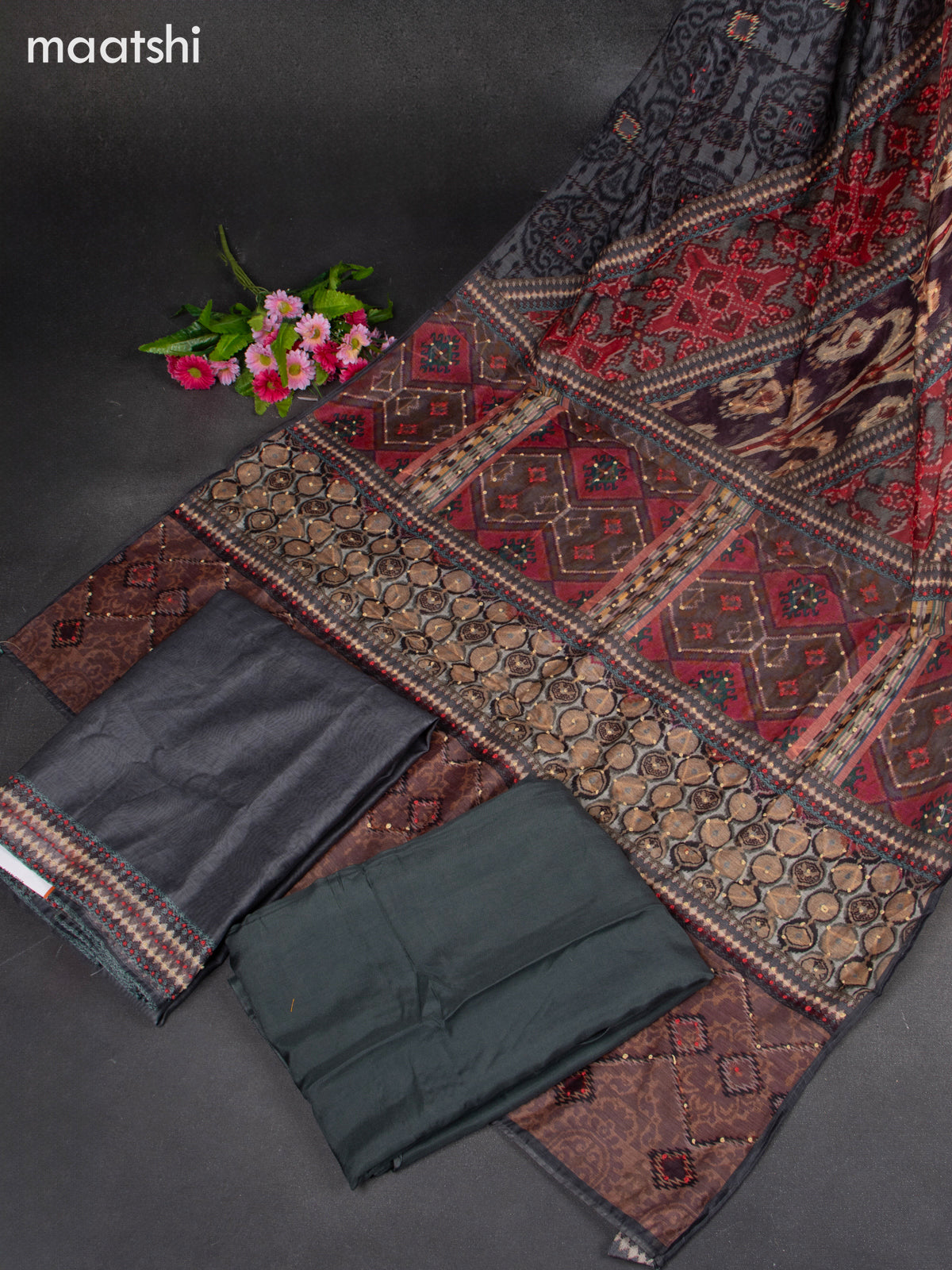 Chanderi dress material grey with french knot work & simple neck pattern and bottom & french knot dupatta