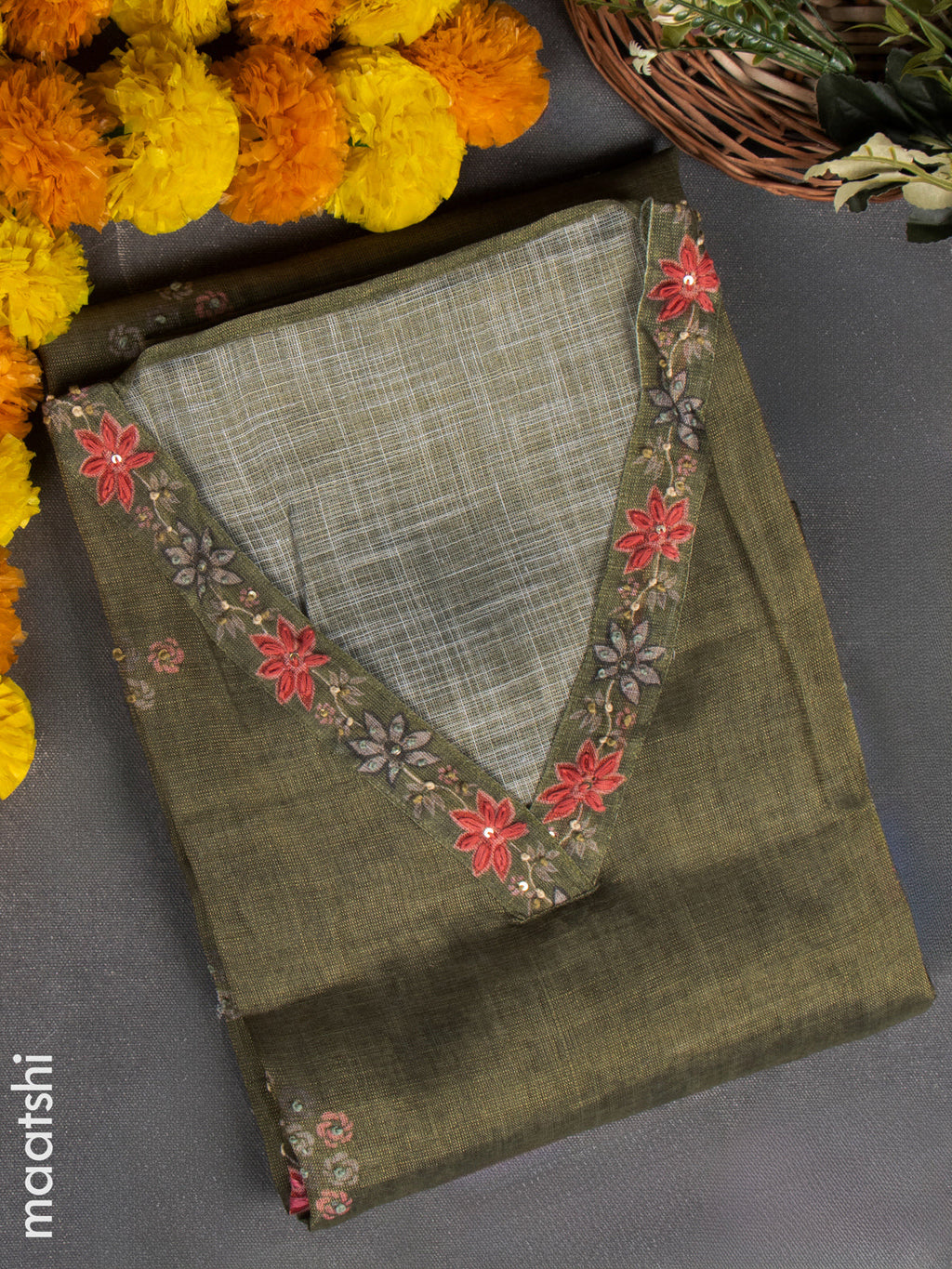 Linen tissue dress material green with french knot work & v neck pattern and bottom & french knot dupatta