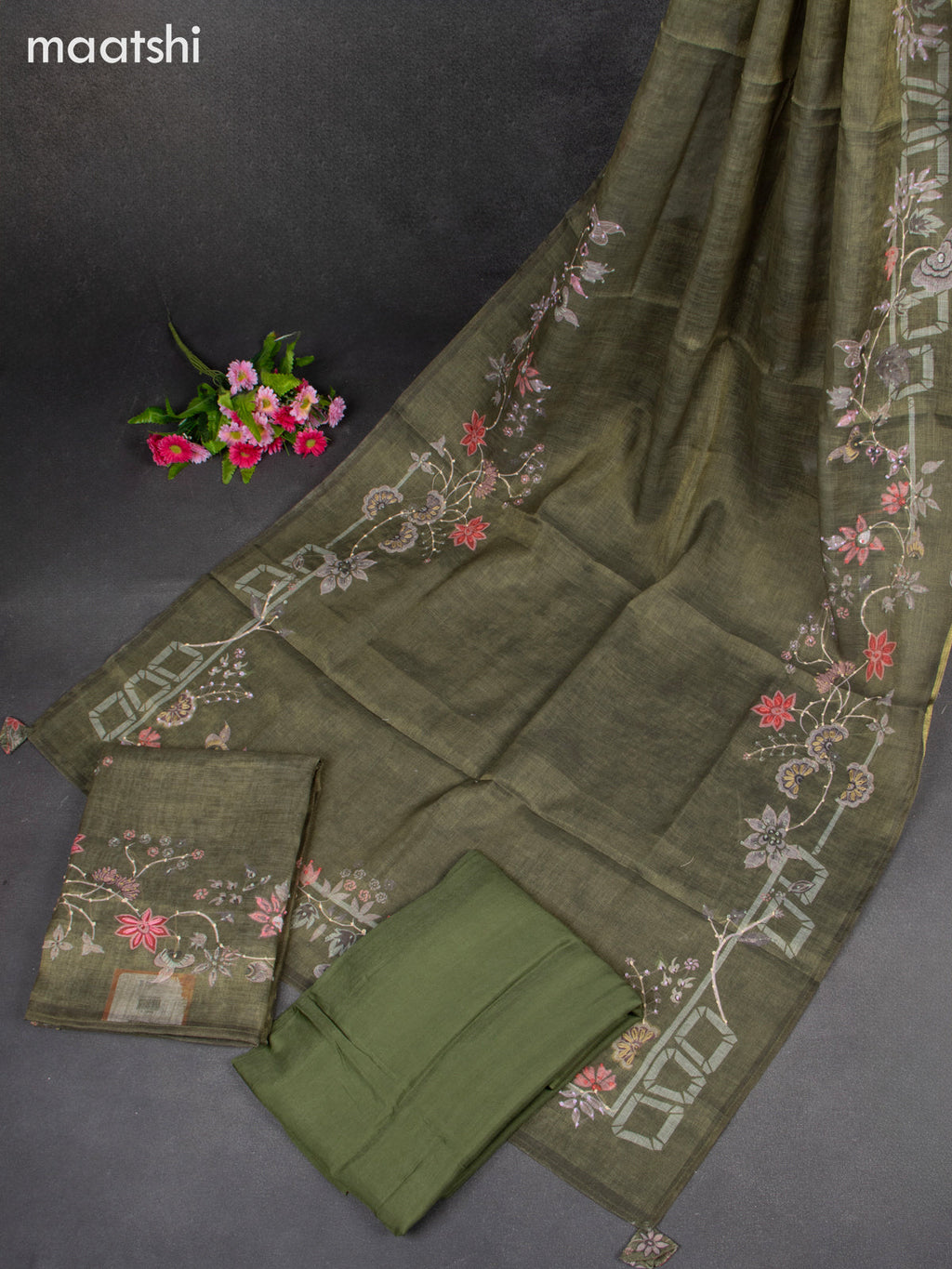 Linen tissue dress material green with french knot work & v neck pattern and bottom & french knot dupatta