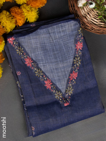 Linen tissue dress material blue shade with french knot work & v neck pattern and bottom & french knot dupatta
