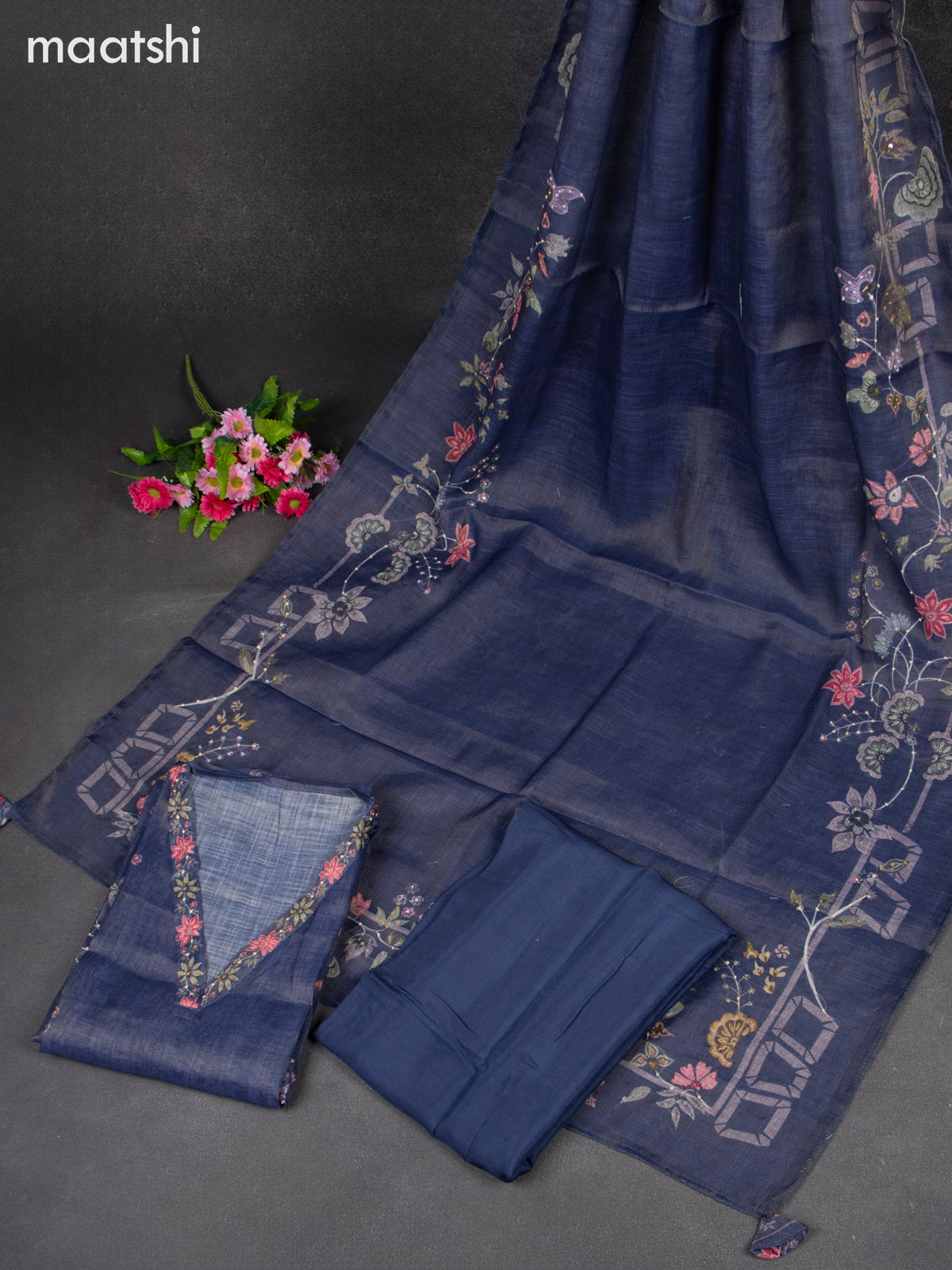 Linen tissue dress material blue shade with french knot work & v neck pattern and bottom & french knot dupatta
