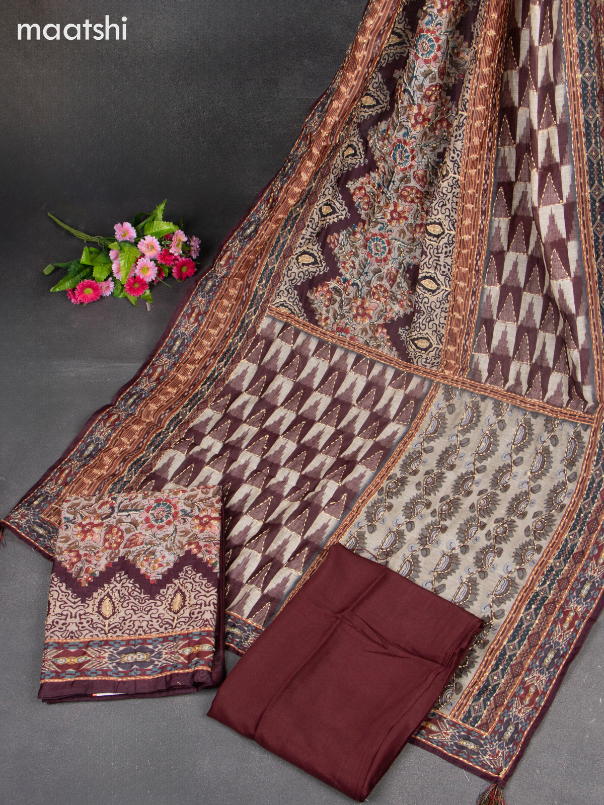Chanderi dress material dark brown and beige with kantha stitch work & simple neck pattern and bottom & kantha stitch dupatta