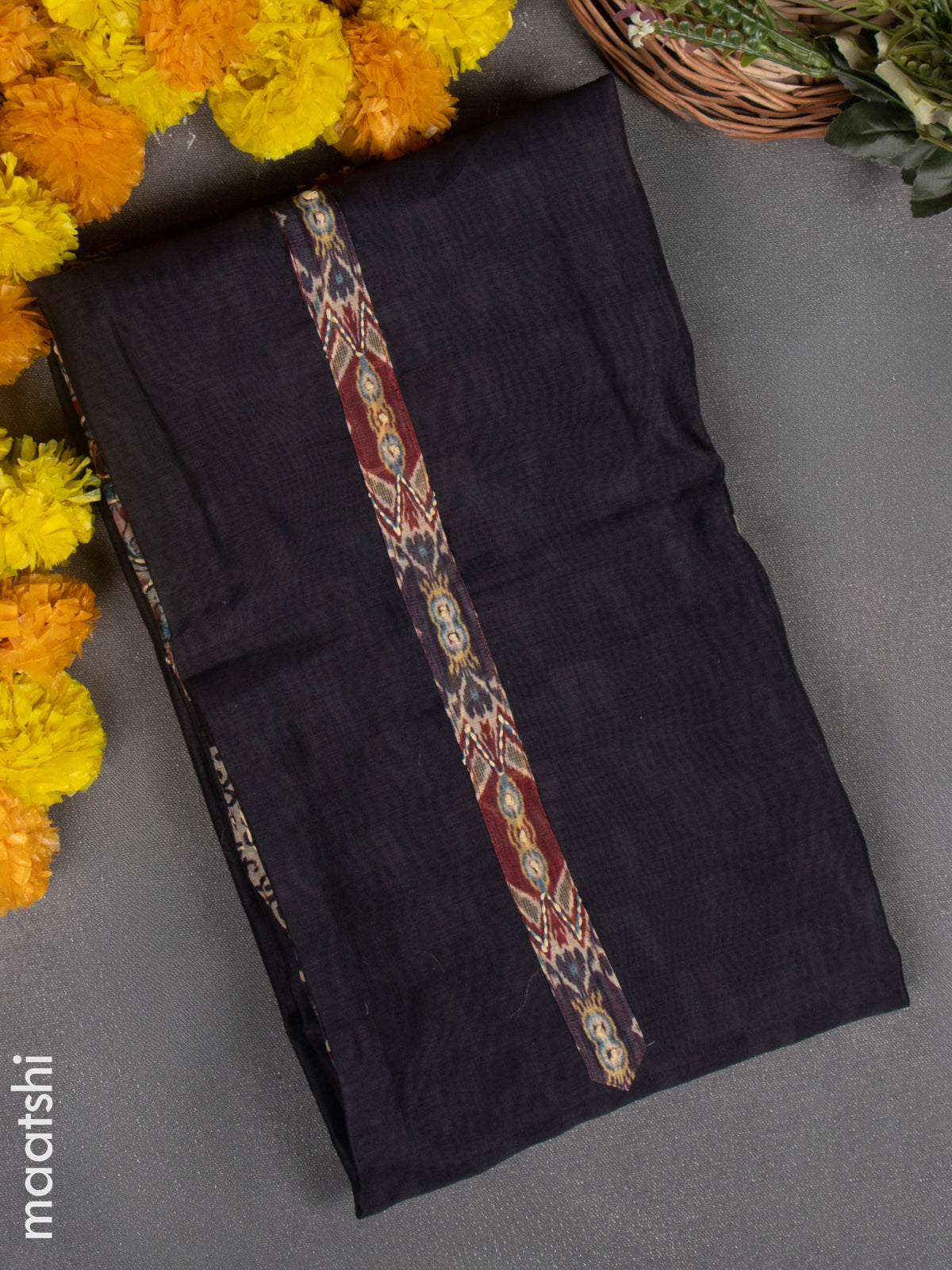 Chanderi dress material black and beige with kantha stitch work & simple neck pattern and bottom & kantha stitch dupatta