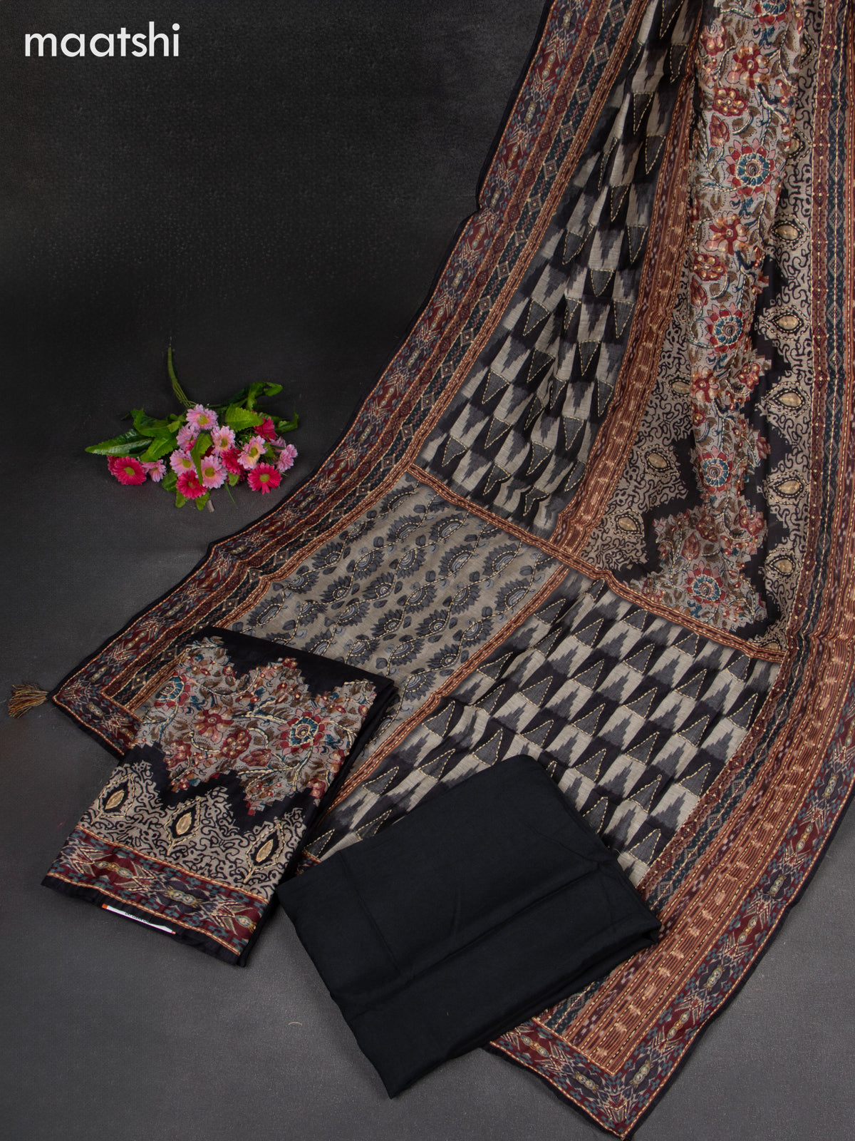 Chanderi dress material black and beige with kantha stitch work & simple neck pattern and bottom & kantha stitch dupatta